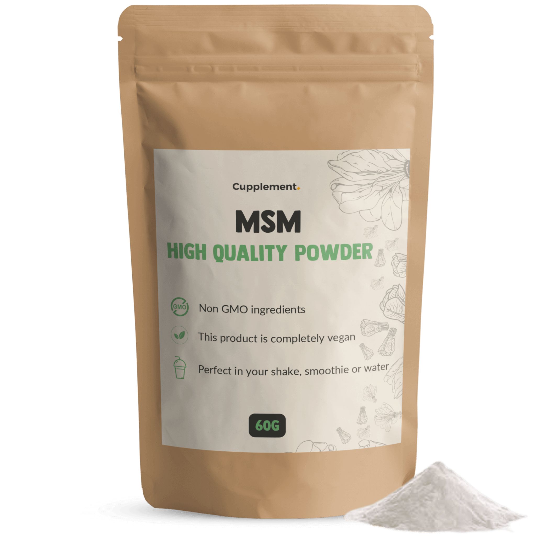 Beutel mit MSM-Pulver. Aufschrift: MSM, High Quality Powder. 60g. Vegan, ohne Gentechnik.
