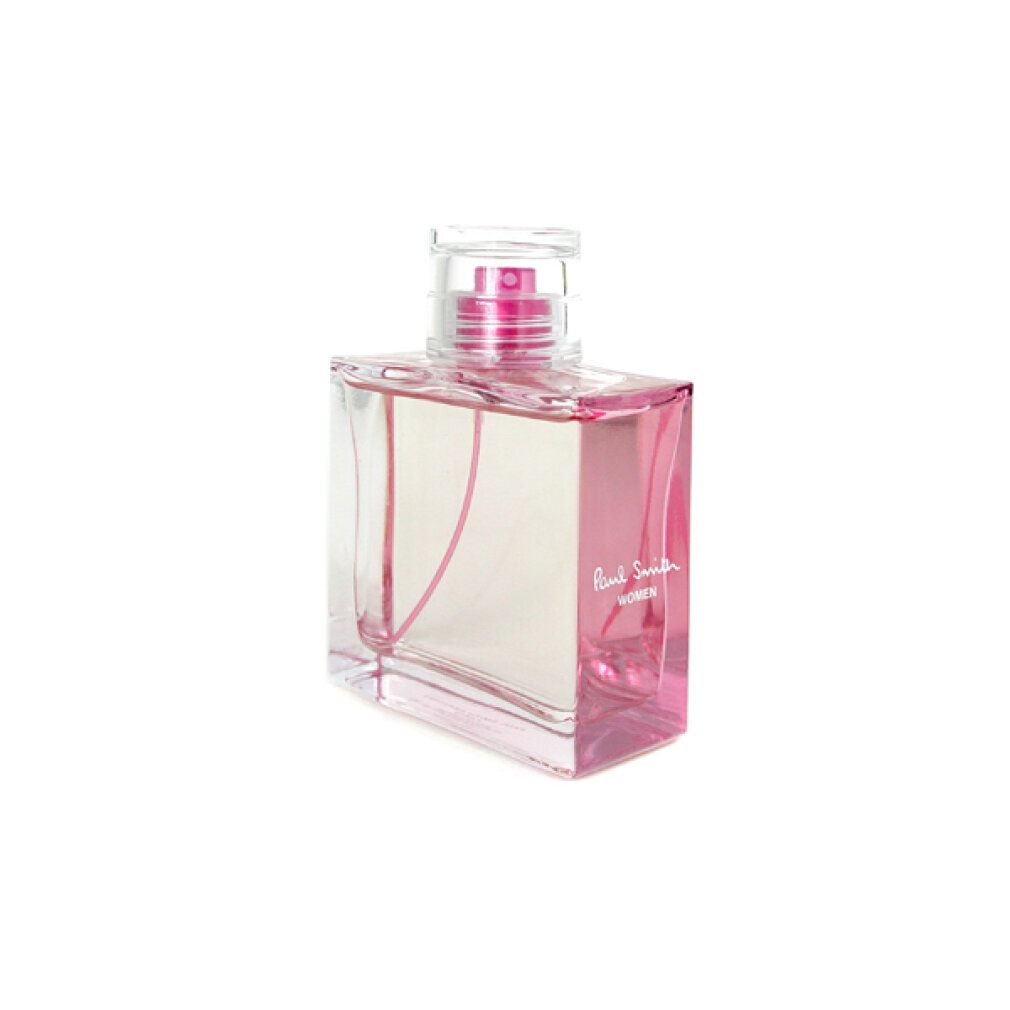 Rechteckiger Glasflakon mit rosa Flüssigkeit und Sprühkopf. Rosa Schriftzug: Paul Smith Women.