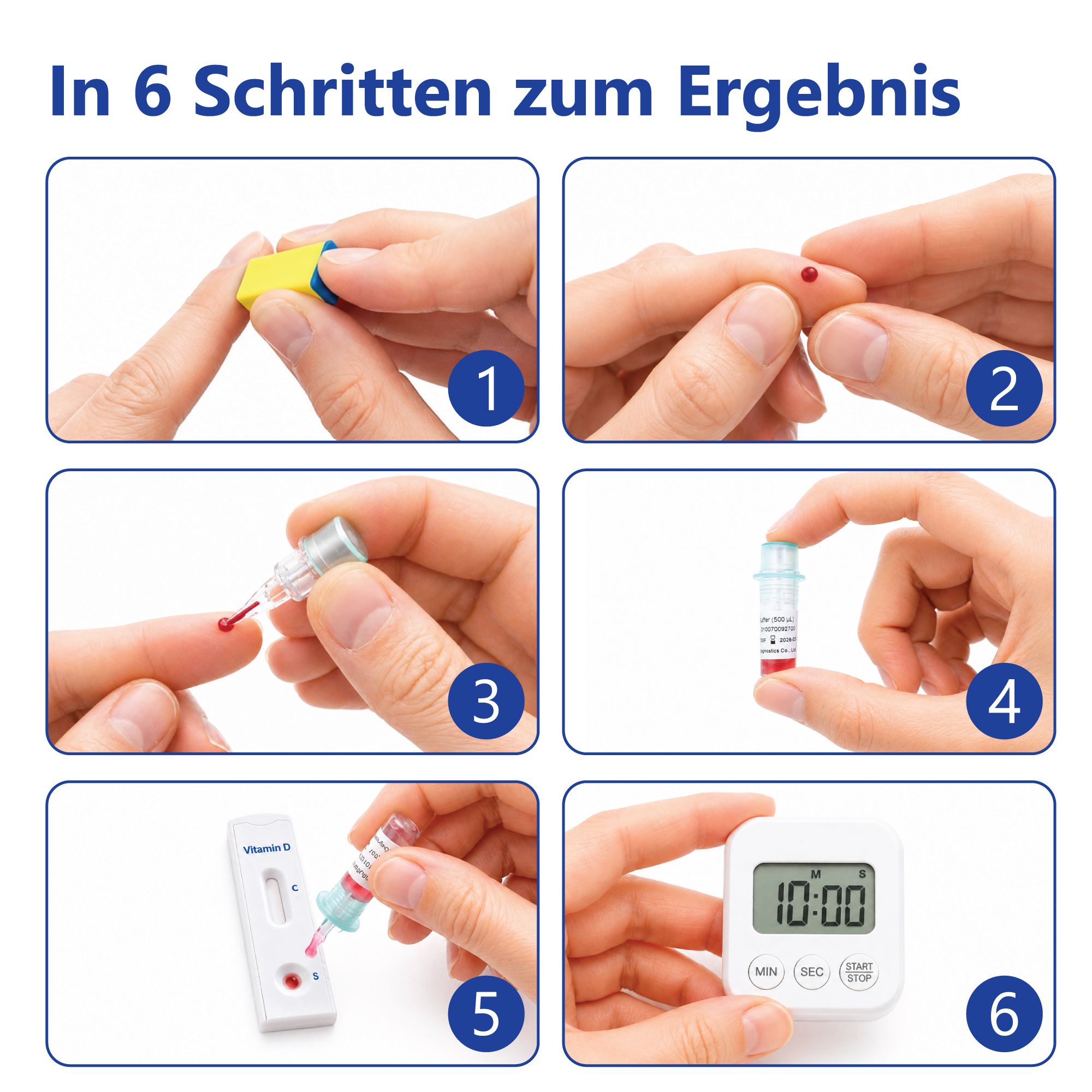 Schritt-für-Schritt-Anleitung für den Vitamin D Test. 6 Schritte: Finger stechen, Blut entnehmen, mischen, warten, Ergebnis.