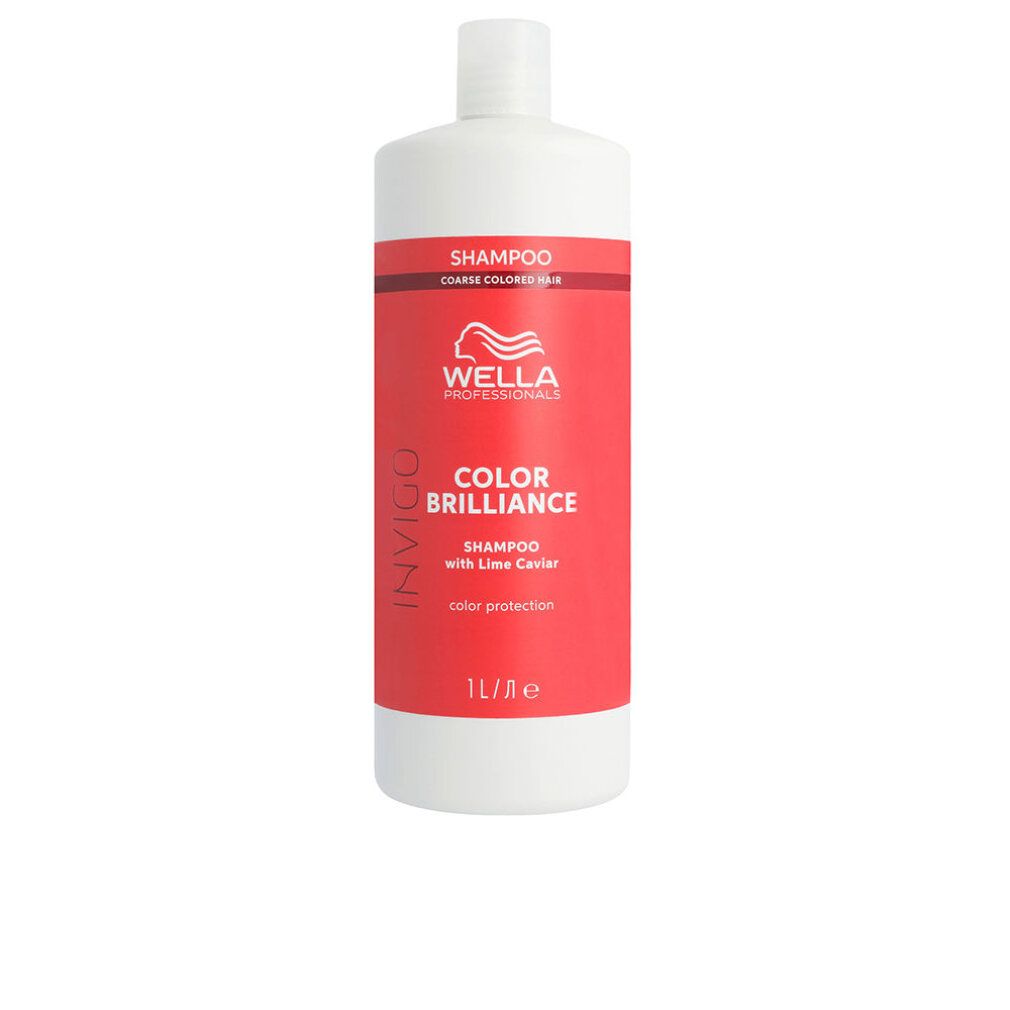 Weiße Shampoo-Flasche mit rotem Etikett. Text: SHAMPOO, COARSE COLORED HAIR, Wella, COLOR BRILLIANCE, 1L.