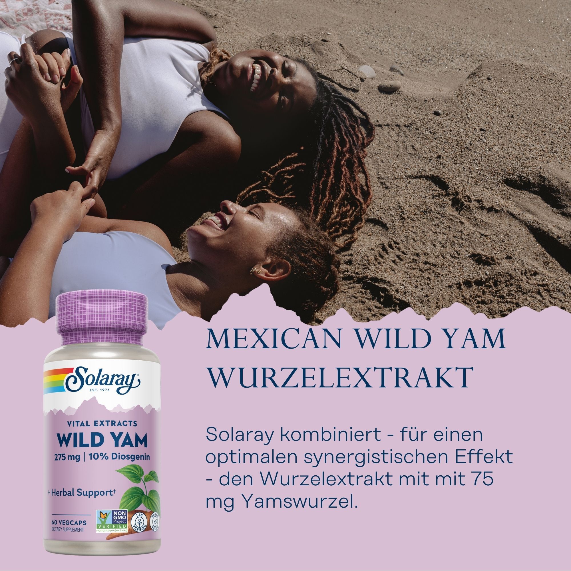 Solaray Wild Yam Wurzelextrakt-Flasche. Lila Deckel, weißes Etikett mit Text. Zwei Personen am Strand.