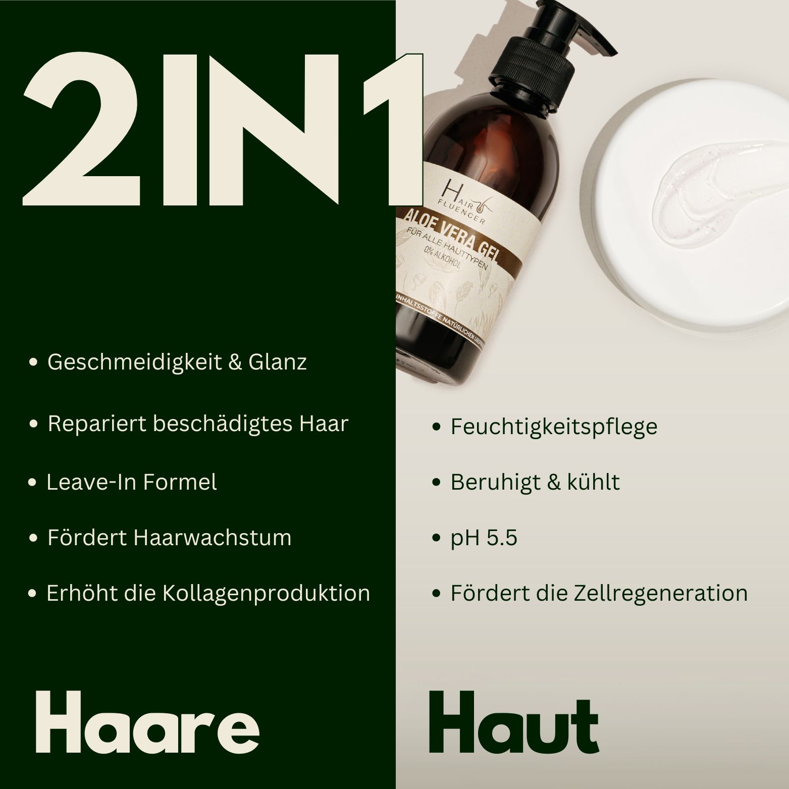 Aloe Vera Gel Flasche, 2in1 Gel für Haut und Haare, mit Vorteilen.