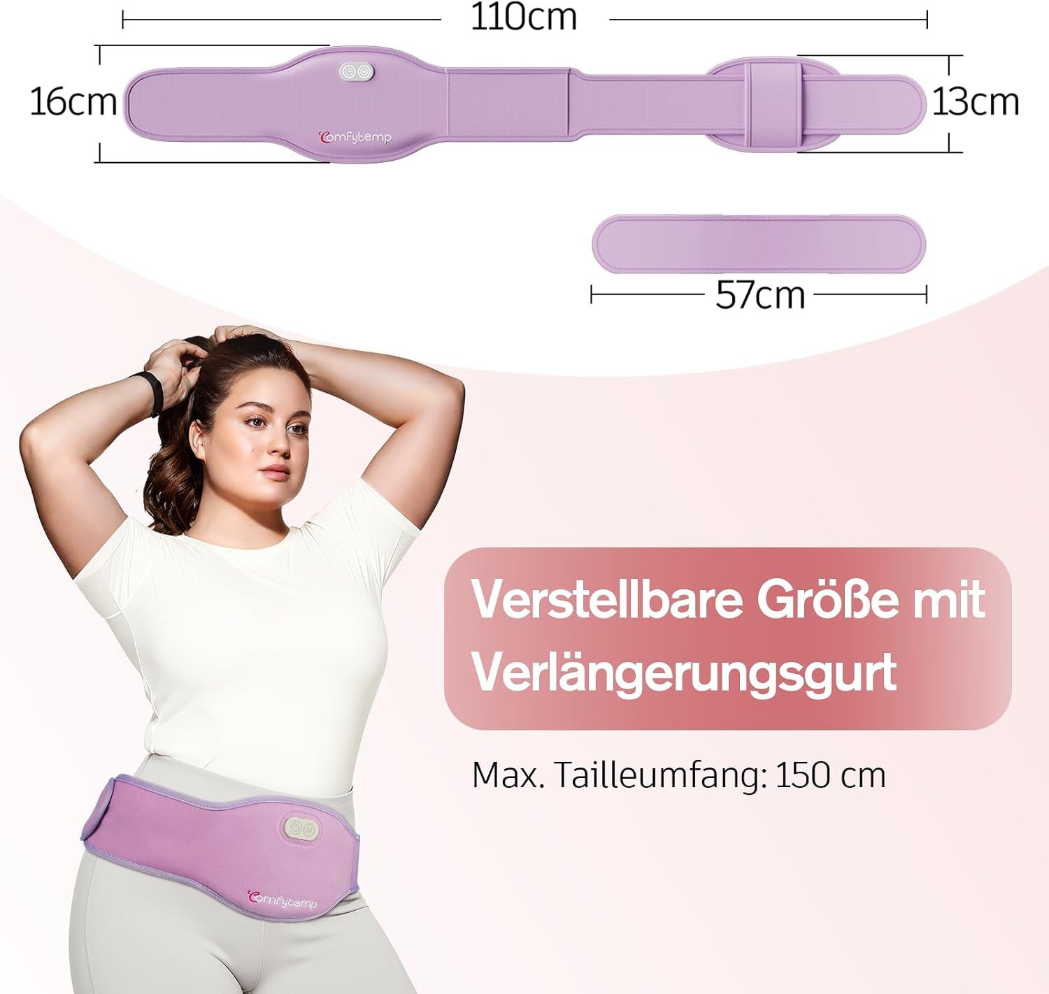 Lila Heizgürtel mit abnehmbarem Akku und Fernbedienung.