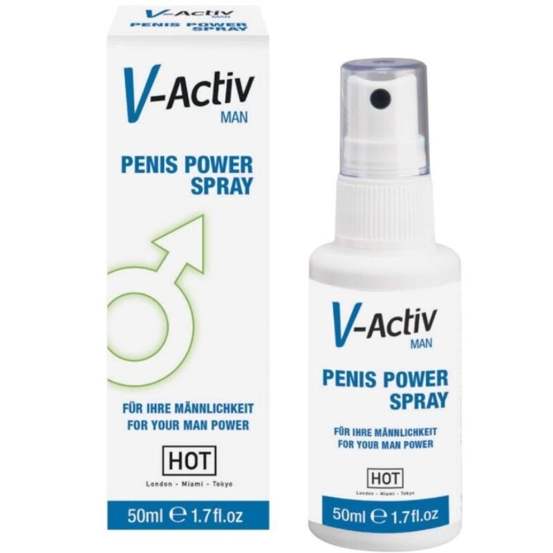 Produktverpackung und Sprühflasche. Aufschrift: V-Activ MAN, Penis Power Spray. 50ml e 1.7 fl.oz.