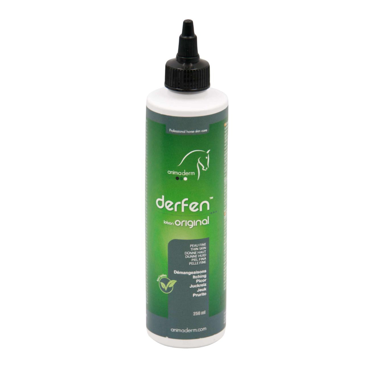 Grüne Flasche mit schwarzem Verschluss. Aufschrift: derfen original. Logo: Pferd. Text: healthy skin, démangeaisons, etc.
