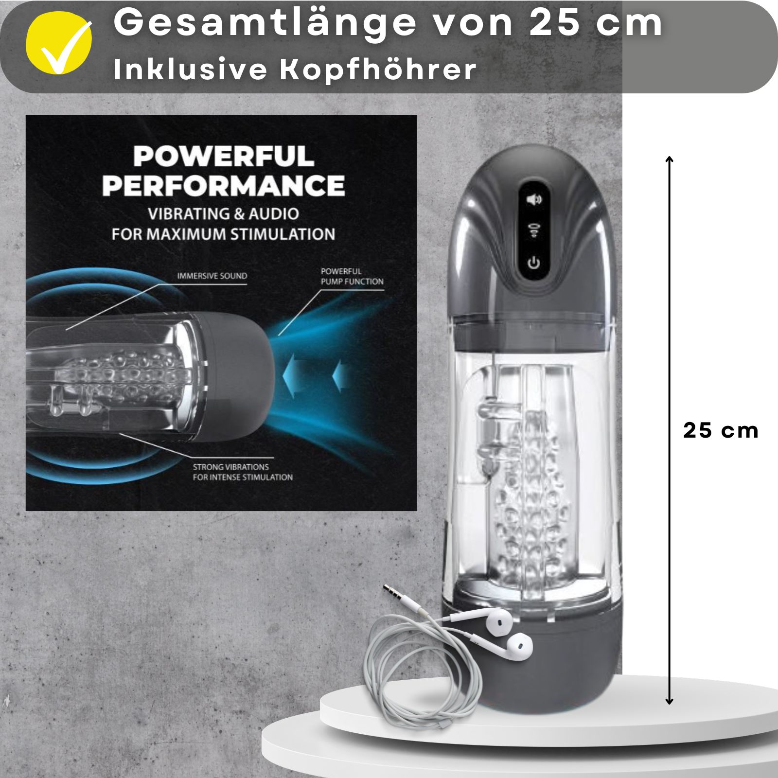 Produkt mit Text: 25 cm, Kopfhörer inklusive. Paar im Hintergrund, Produkt mit Kopfhörern und Maß.