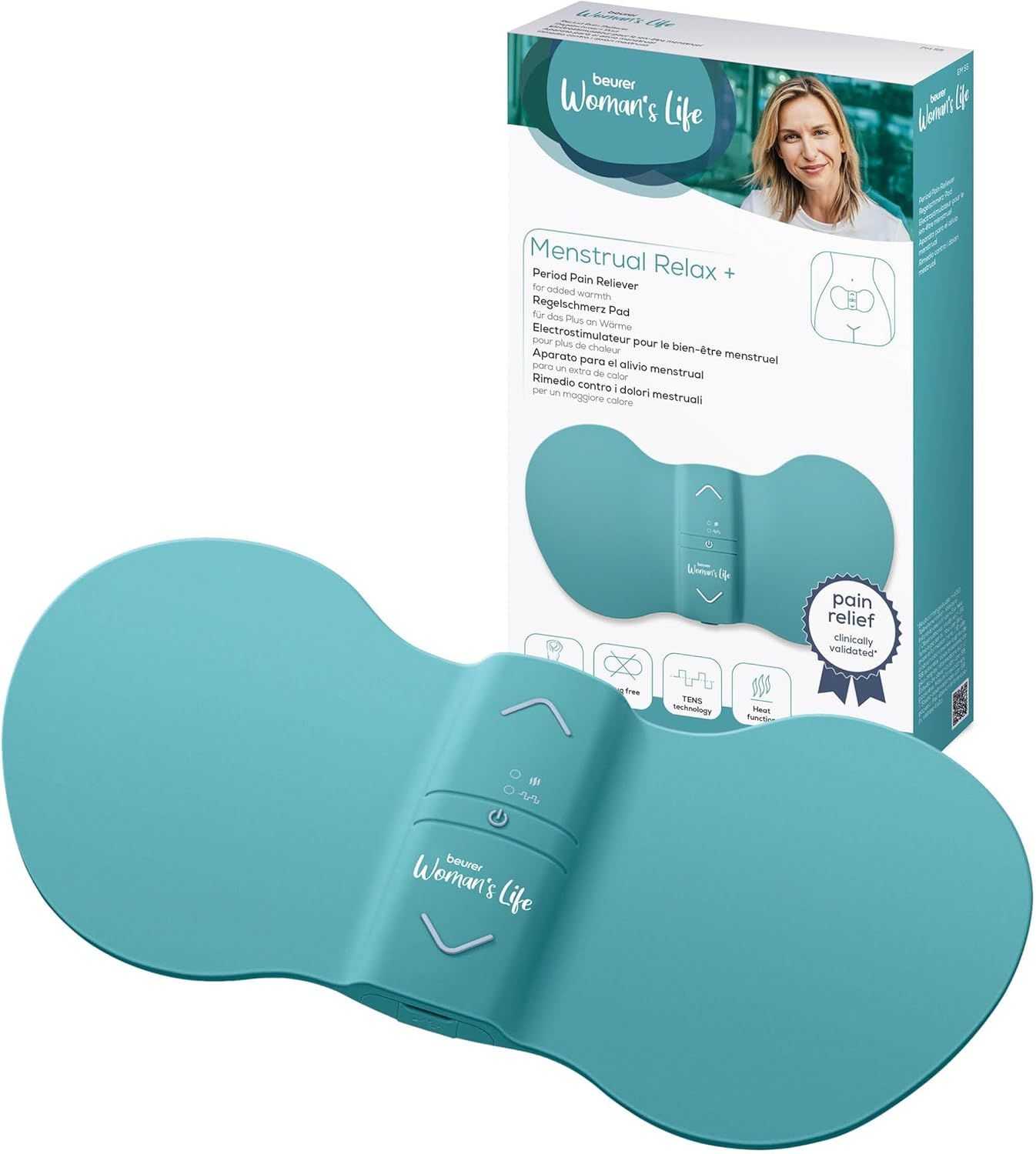 Türkisfarbenes Gerät und Verpackung. Text: Menstrual Relax+. Pain relief, klinisch validiert.
