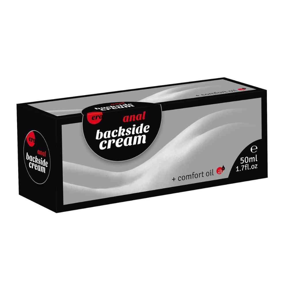 Schwarze Verpackung mit Produktbezeichnung "anal backside cream". Enthält "+ comfort oil". Volumen: 50ml.