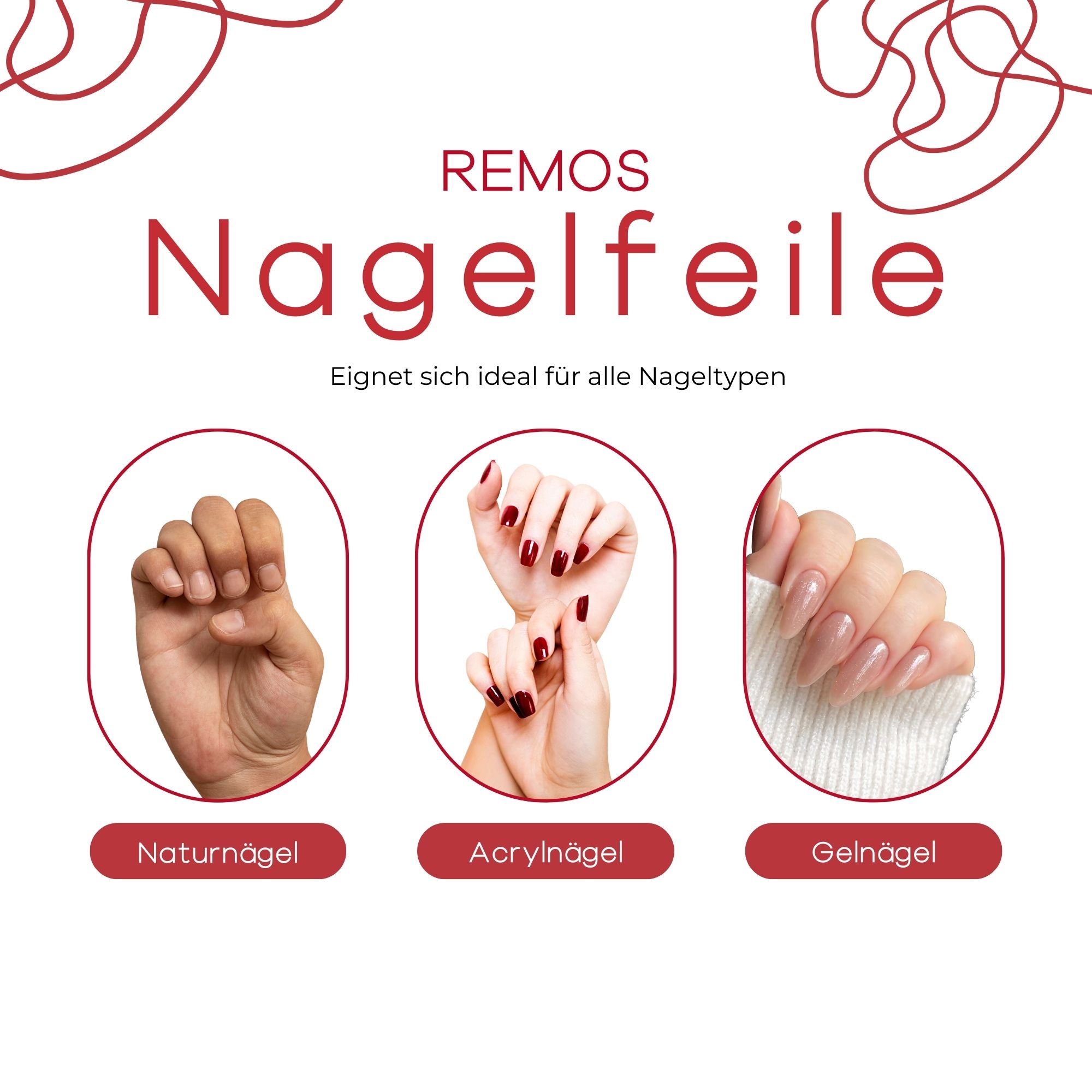 Drei Hände mit gepflegten Nägeln: Natur-, Acryl- und Gelnägel.