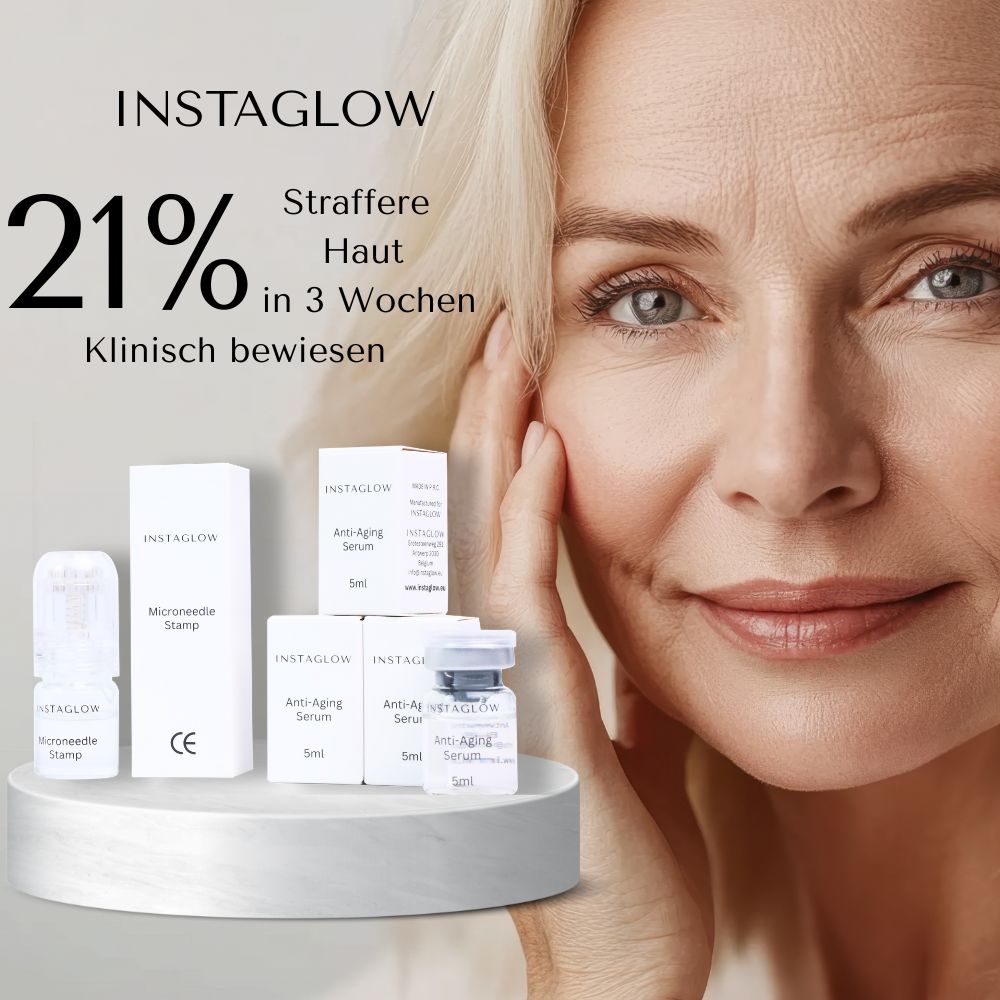 Frau mit Produkt-Set. Text: 21% straffere Haut in 3 Wochen. Klinisch bewiesen.