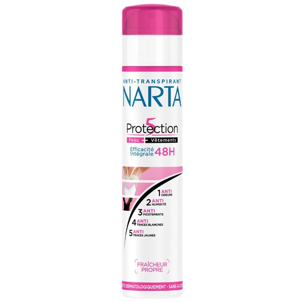 Deodorant-Spray Narta, weiß-rosa. Mit Aufschrift 'Protection 5' und '48H'.
