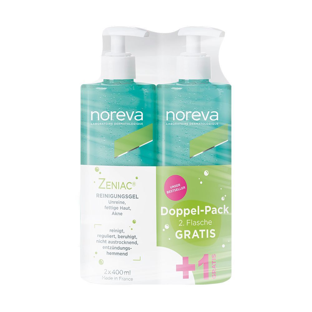 Doppelpack noreva Zeniac Reinigungsgel. Zwei Flaschen mit Pumpverschluss, in Folie verpackt. Aufdrucke: Zeniac, Doppel-Pack, Gratis.
