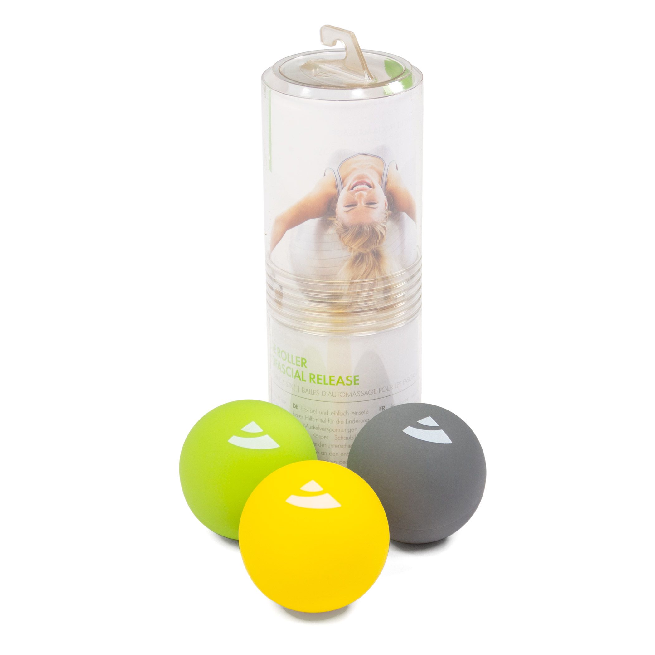 Drei Faszienbälle in Grün, Gelb und Grau, mit Logo und Verpackung.