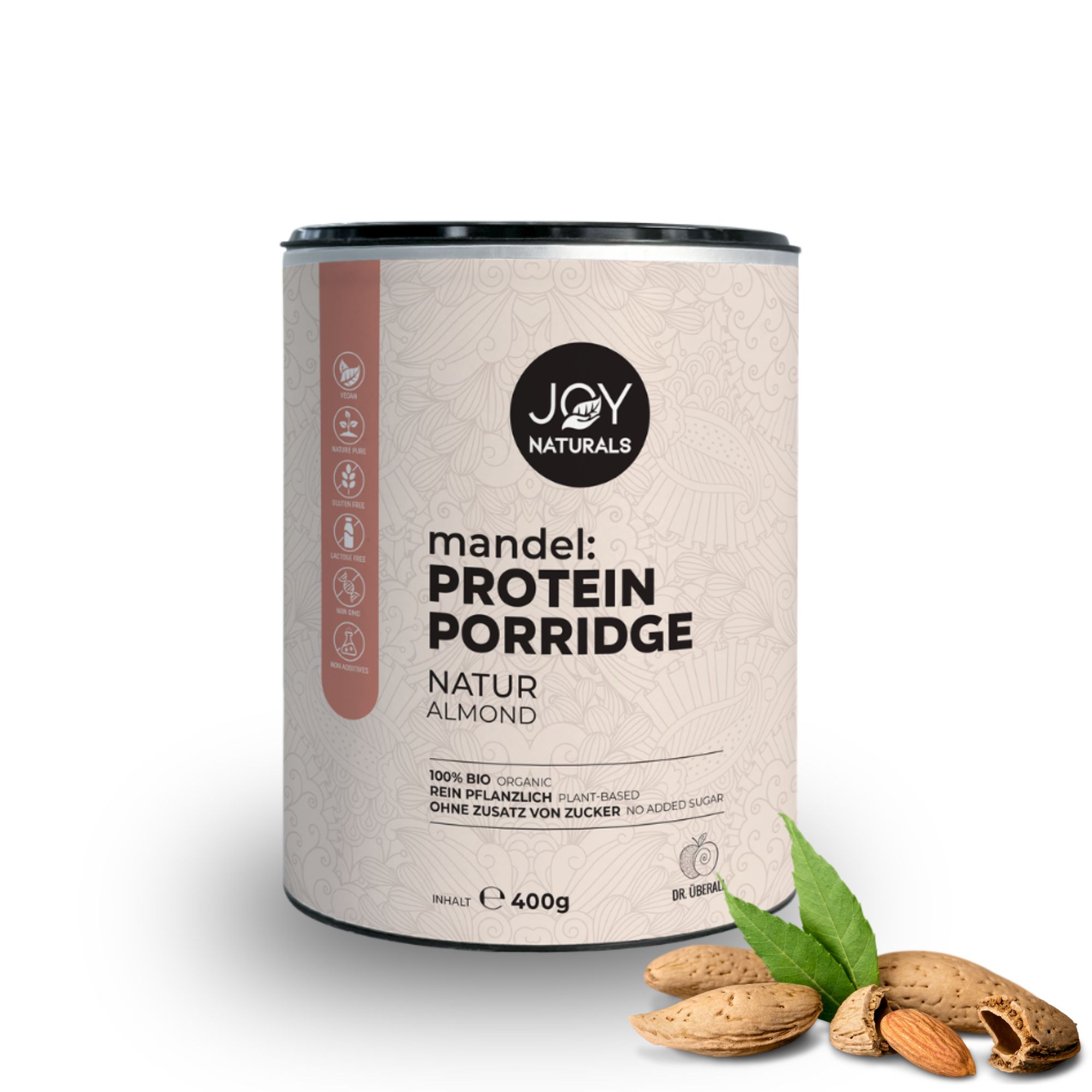 Dose JOY NATURALS Bio Protein Porridge Mandel-Natur. Aufschrift: Mandel Protein Porridge Natur, 400g. Mandeln und Blätter liegen daneben.