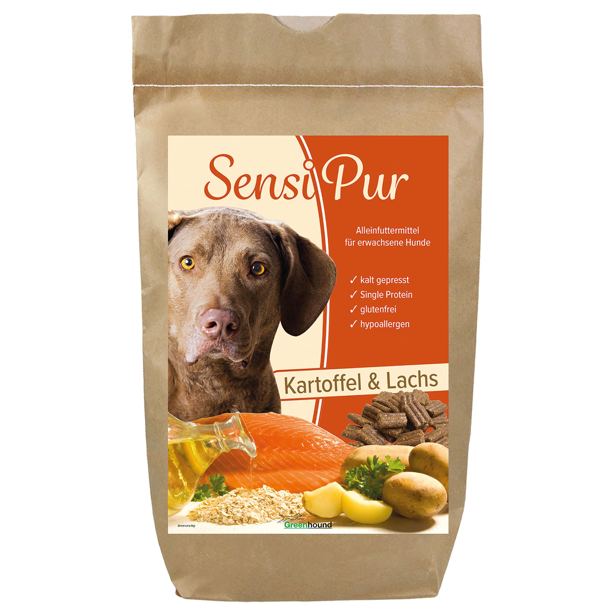 Schecker SensiPur Kartoffel & Lachs. Hundefutter in Papiertüte. Aufdruck mit Hund, Lachs, Kartoffeln. Text: kalt gepresst, glutenfrei, hypoallergen.