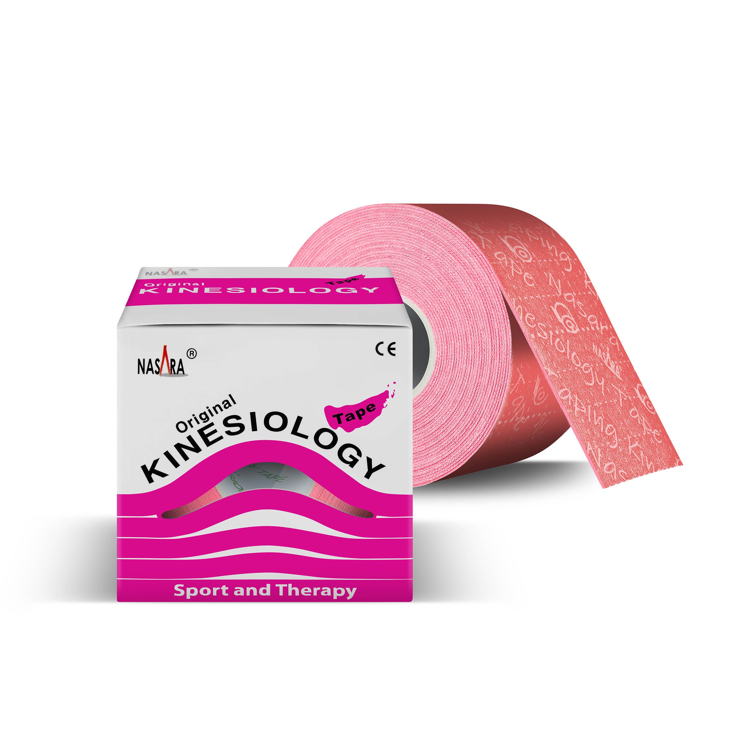 Pinkfarbenes Kinesiologie-Tape und Box. Box mit Aufschrift NASARA Kinesiologie Tape. CE-Kennzeichnung.
