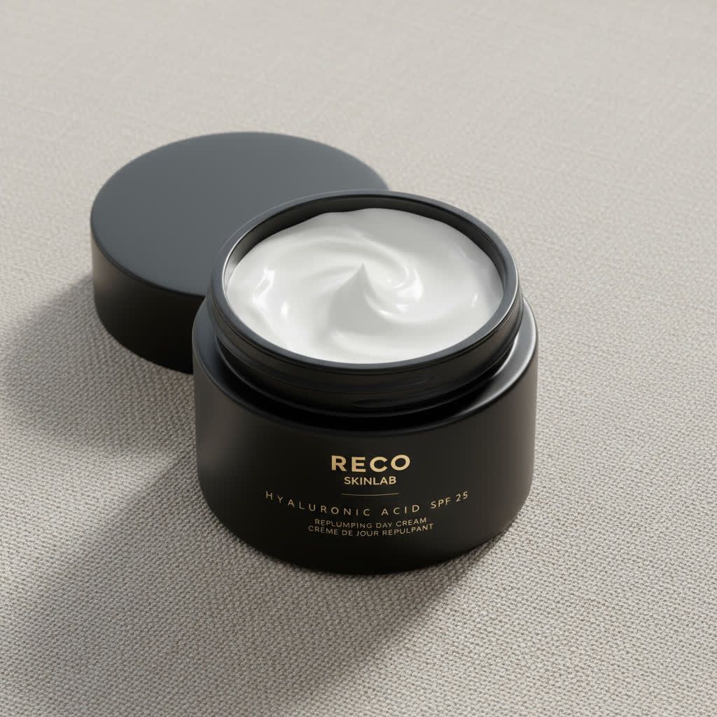 Geöffneter schwarzer Tiegel mit weißer Creme. Aufschrift: RECO SKINLAB, HYALURONIC ACID SPF 25, REPLUMPING DAY CREAM, CREME DE JOUR REPULPANT.