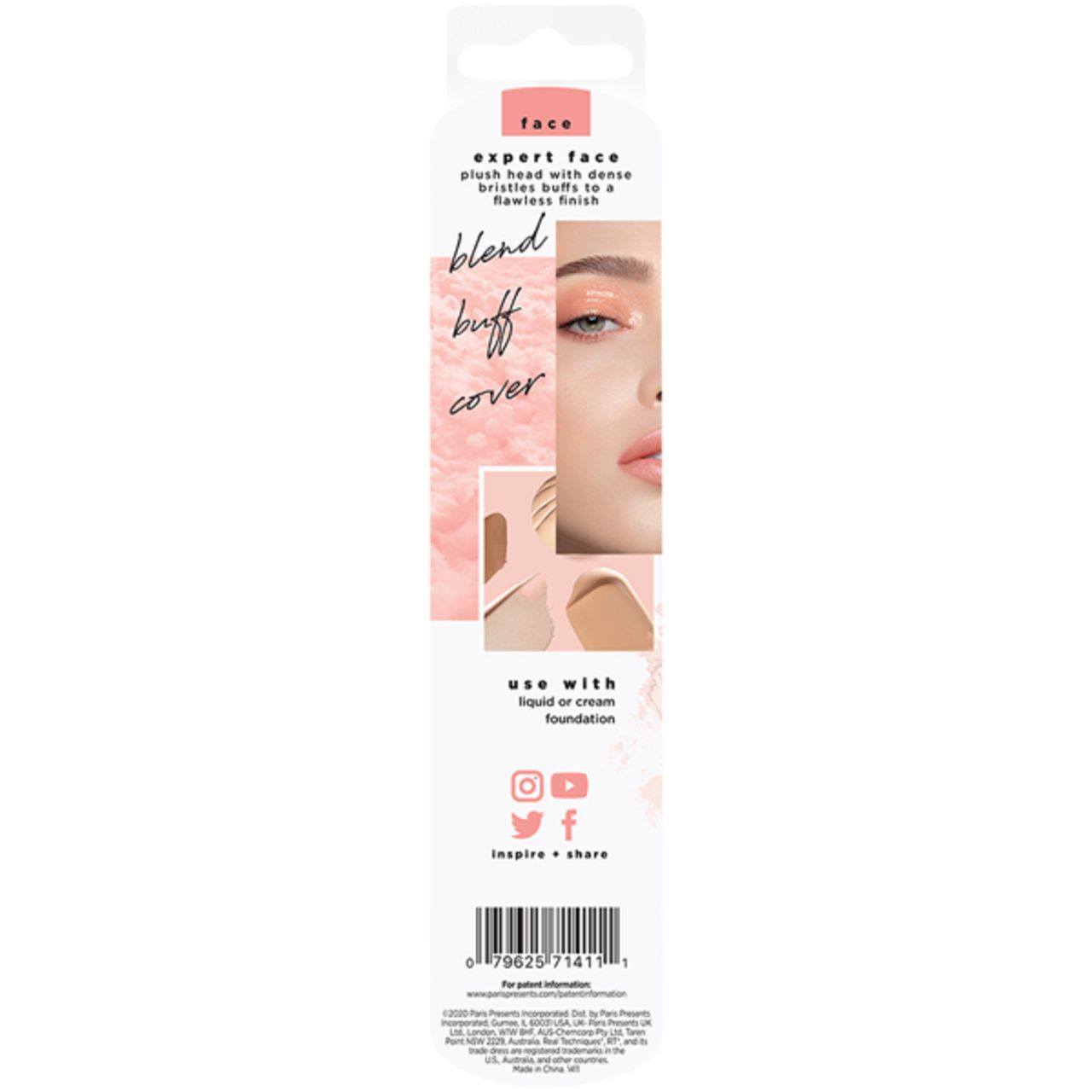 Verpackung mit Make-up-Pinsel. Text: 'expert face', 'blend buff cover'. Abbildung eines Gesichts und Anwendungsbeispiele.