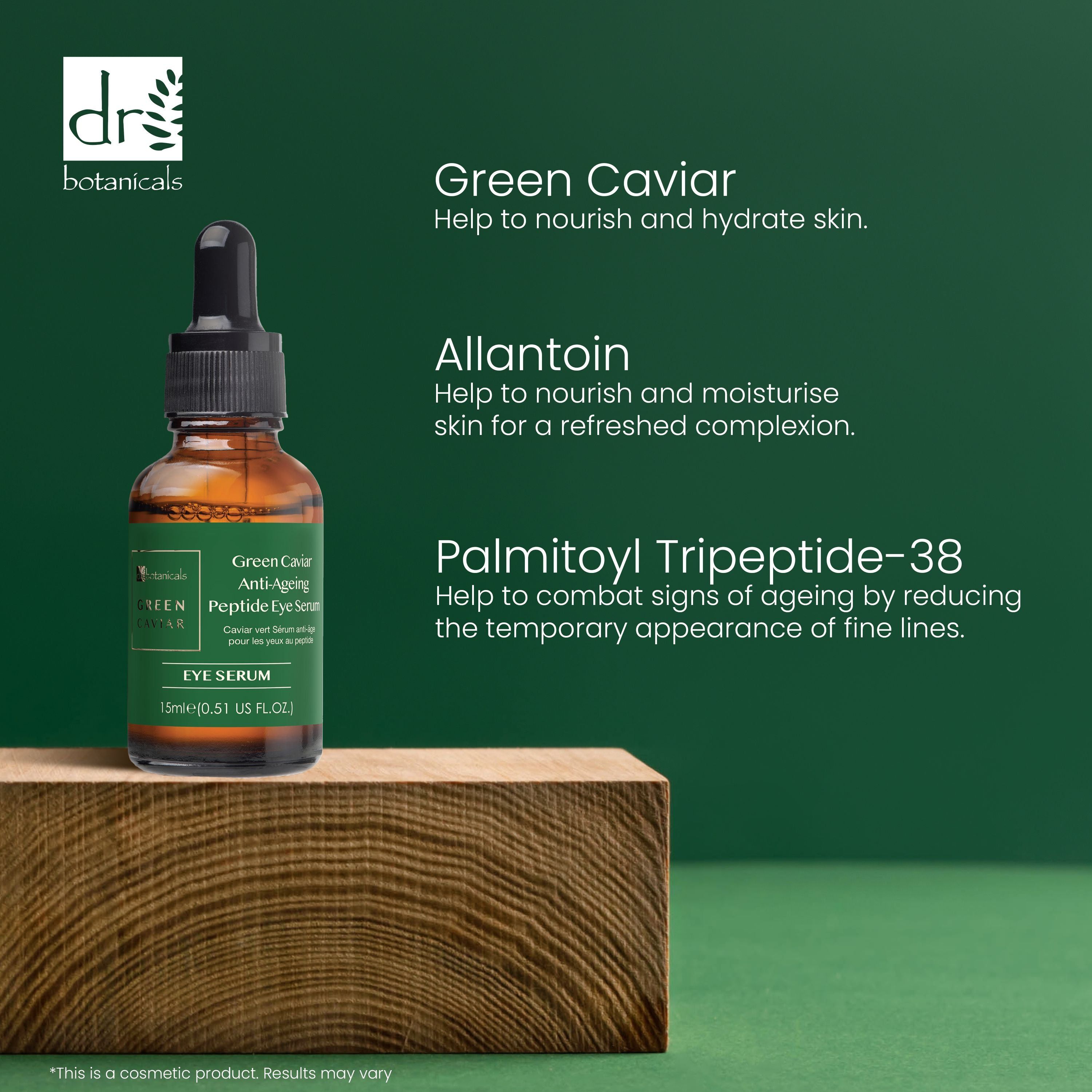 Braune Glasflasche mit schwarzer Pipette auf Holzblock. Text: Green Caviar, Allantoin, Palmitoyl Tripeptide-38.