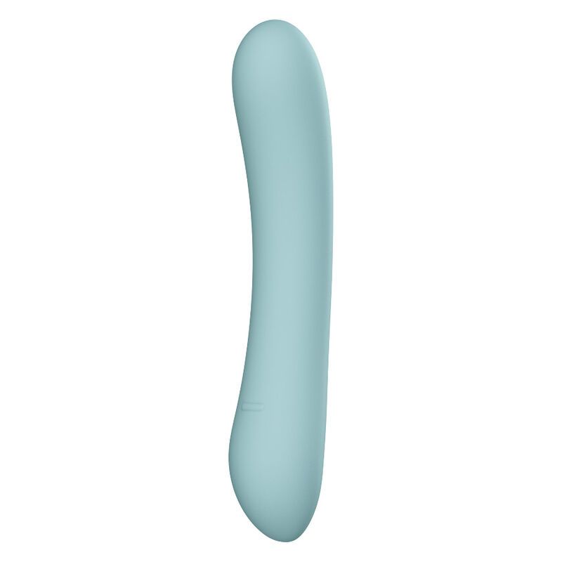 Hellblauer Vibrator mit geschwungener Form, von der Seite gezeigt.