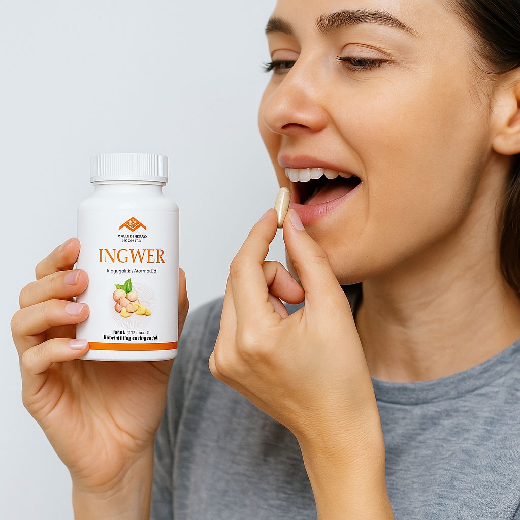 Frau nimmt Kapsel ein. Neben ihr steht eine Flasche mit der Aufschrift INGWER. Logo: Pharma Health.