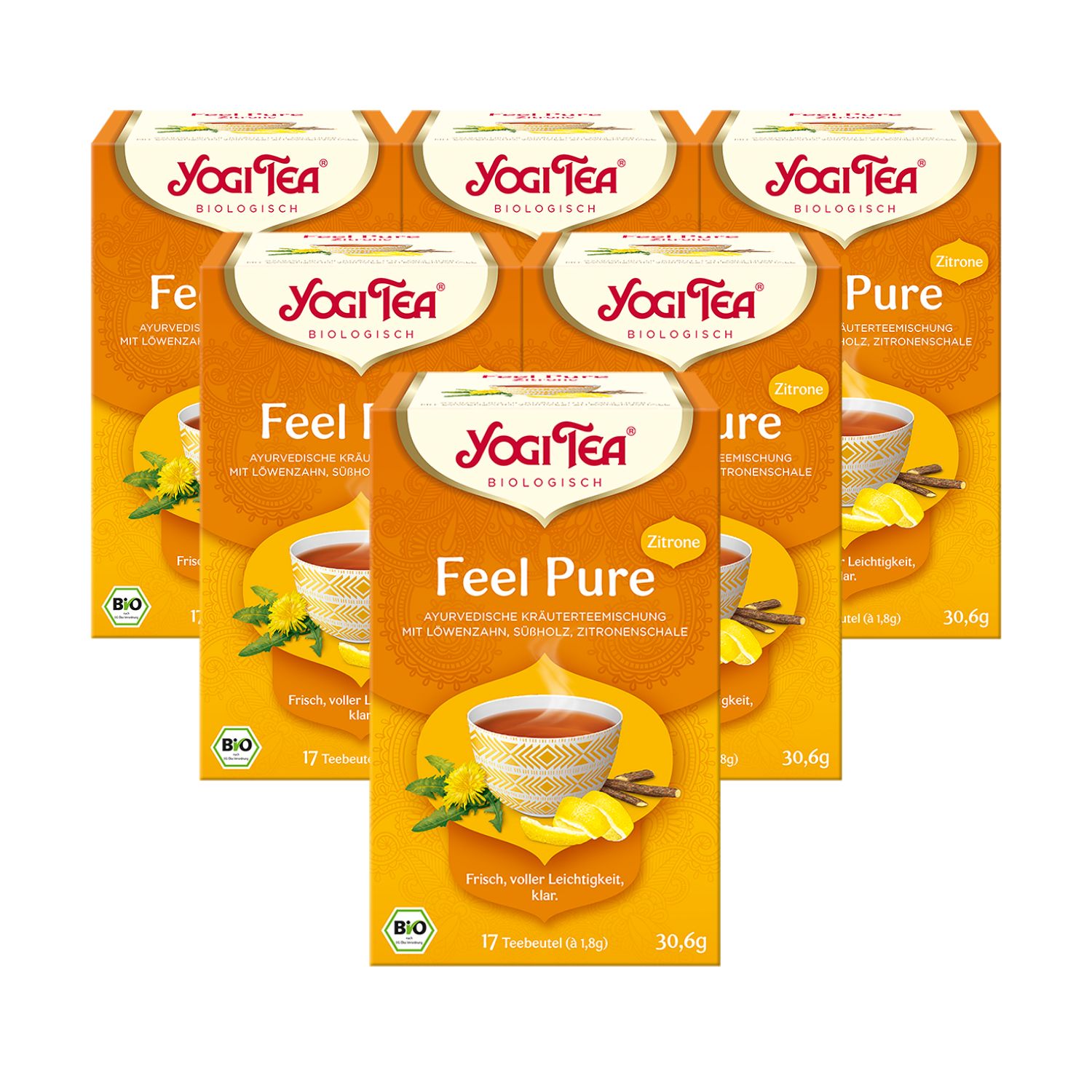 Mehrere Packungen Yogi Tea Feel Pure. Orangefarbene Schachteln mit Logo und Produktbezeichnung. Bio-Siegel.