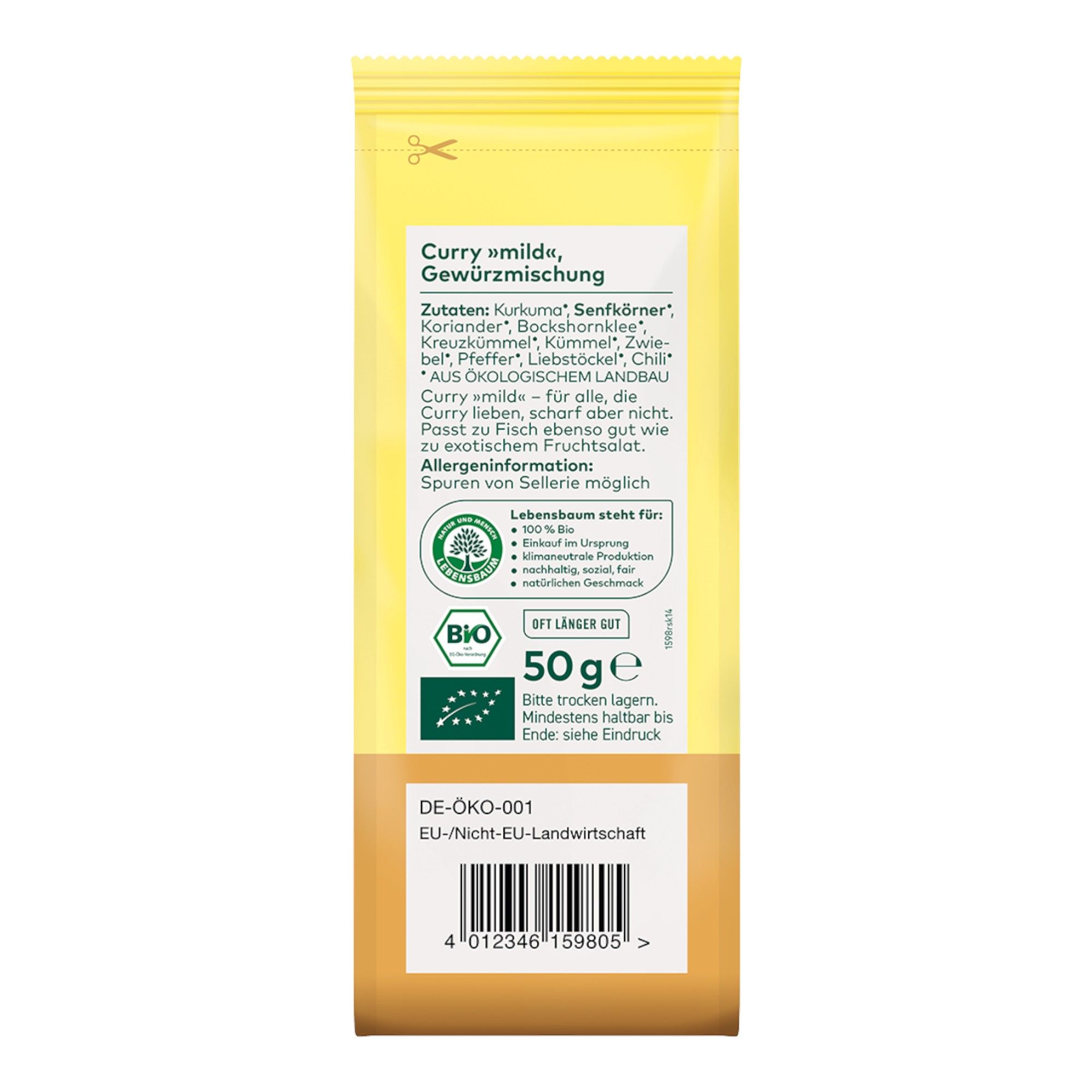 50g Packung Curry mild Gewürzmischung mit Bio-Siegel und Zutatenliste.
