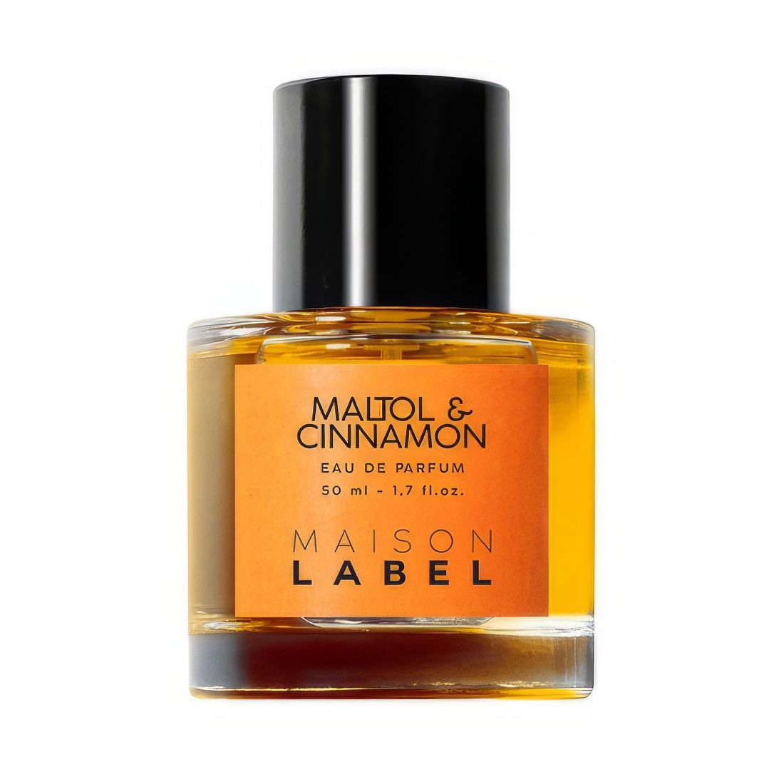 Parfümflakon mit schwarzem Deckel. Aufschrift: Maltol & Cinnamon, Eau de Parfum, Maison Label.