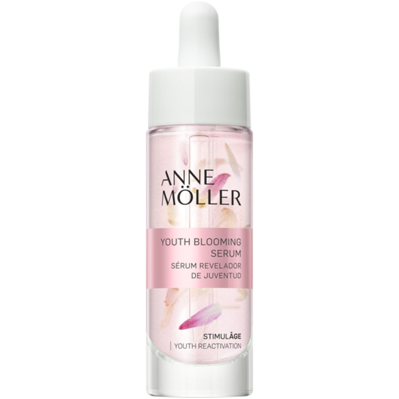 Serumflasche mit weißem Deckel und Pipette. Rosa Flüssigkeit mit Blütenblättern. Text: Anne Möller, Youth Blooming Serum, Stimulâge.