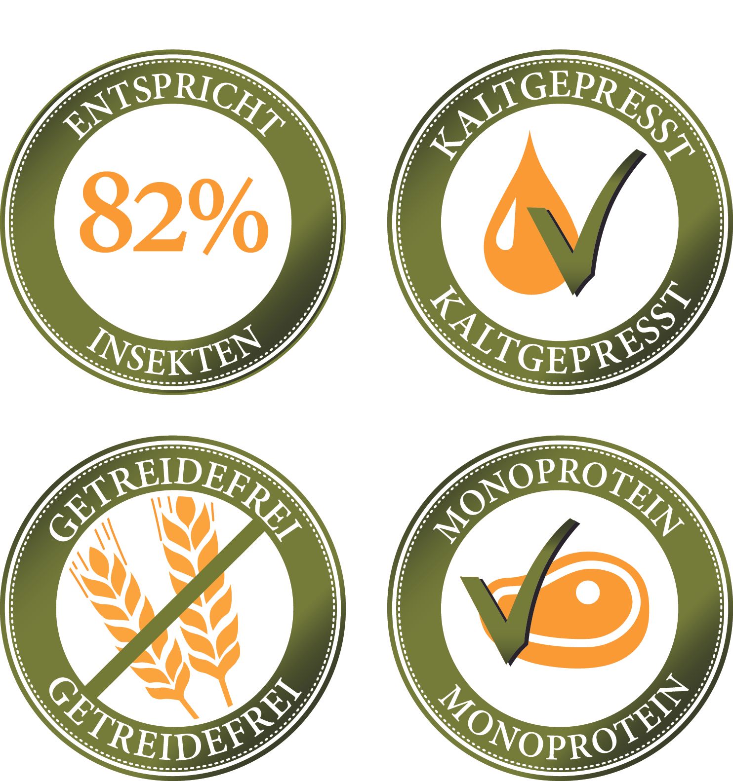 Vier grüne Siegel mit Text: 82% Insekten, kaltgepresst, getreidefrei, Monoprotein. Runde Form.