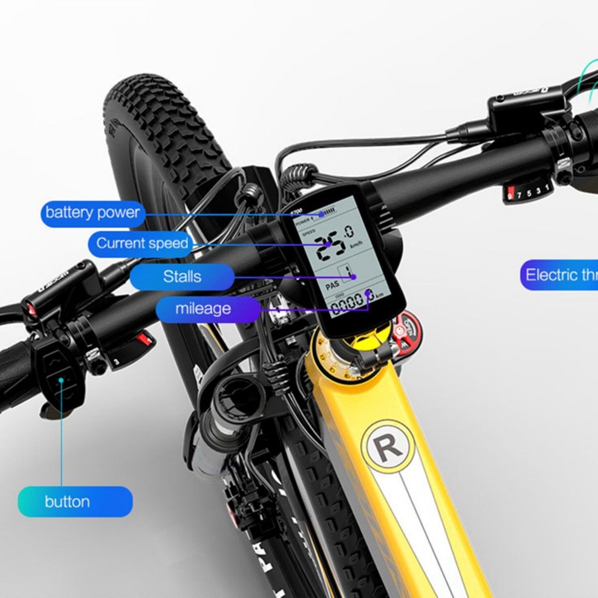 E-Bike-Lenker mit Display. Zeigt Geschwindigkeit, Akku, etc. Beschriftungen: battery power, Current speed, mileage.