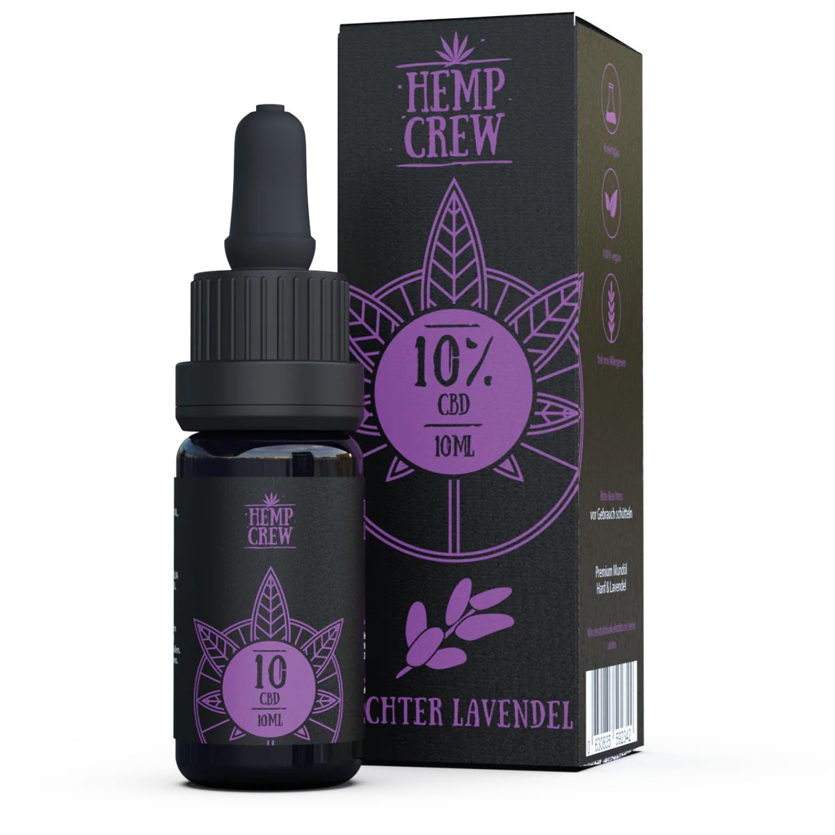 Kleine, dunkle Flasche mit Tropfer und Verpackung. Text: Hemp Crew, 10% CBD, 10ml, echter Lavendel. Lila Design.