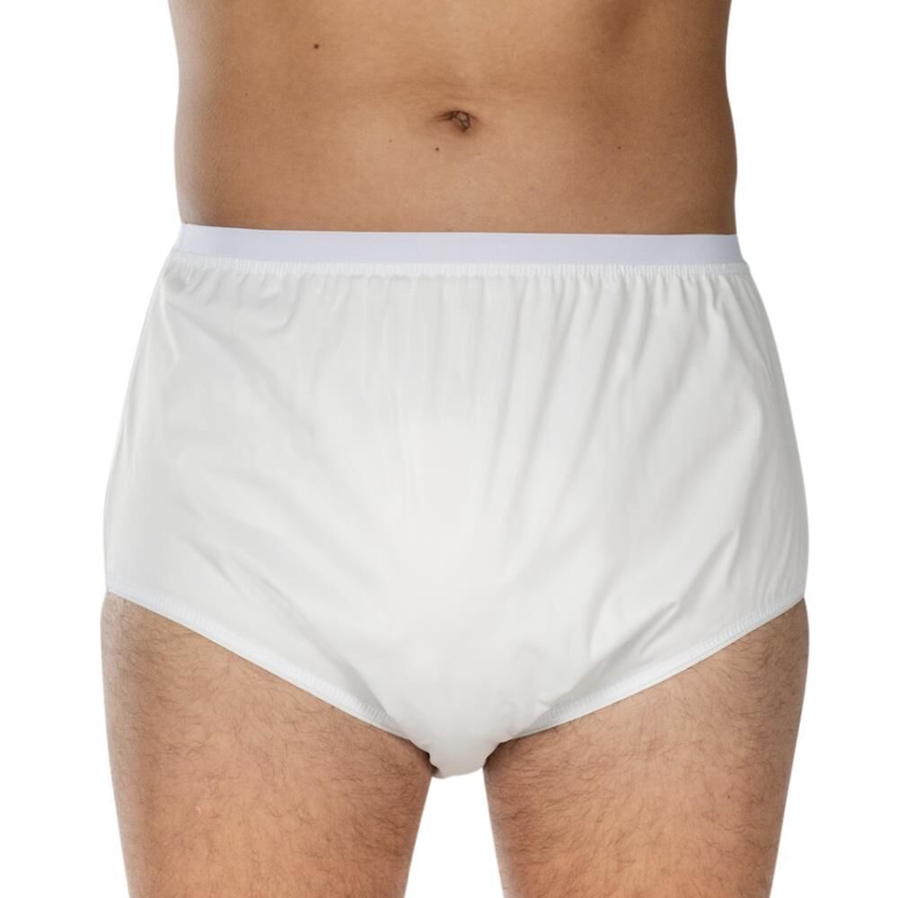 Weißer Inkontinenz-Slip. Frontale Ansicht, getragen von einer Person. Elastischer Bund und Beinabschlüsse.