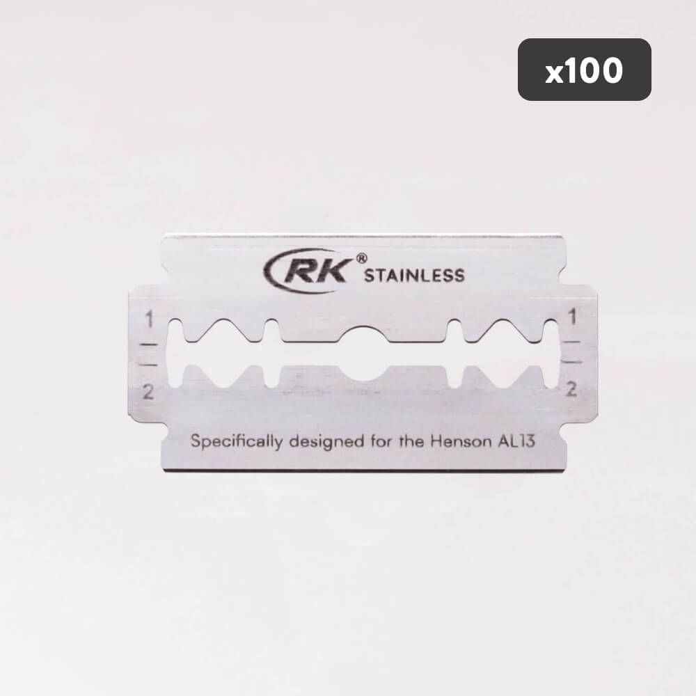 Rasierklinge aus Edelstahl. Aufschrift: RK, Stainless. Speziell für Henson AL13. 100 Stück.