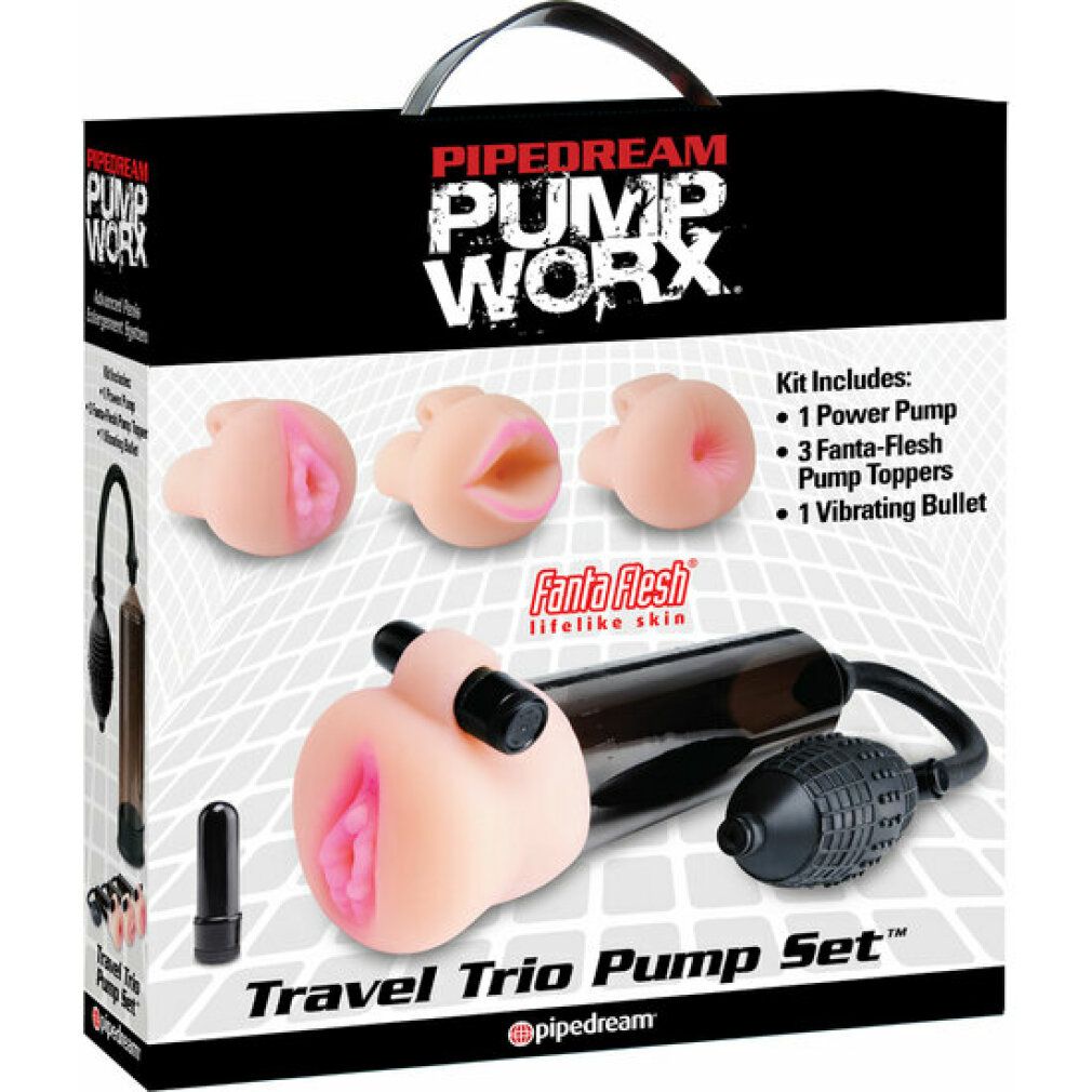 Verpackung mit Produktabbildung. Enthält Pumpe, Aufsätze und Vibrator. Schwarzer Hintergrund.