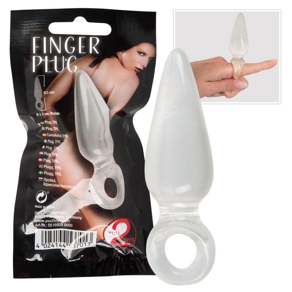 Transparenter Finger Plug aus flexiblem TPR, 9,5 cm lang, 2,7 cm Durchmesser.
