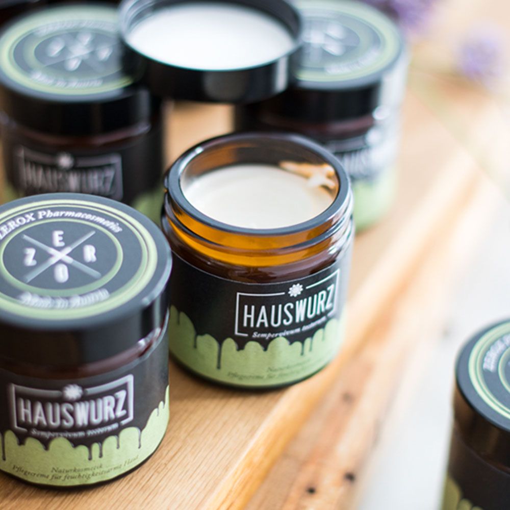 Mehrere Gläser mit Deckel. Etikett mit "HAUSWURZ". Einige Gläser geöffnet. Auf Holzbrett platziert.