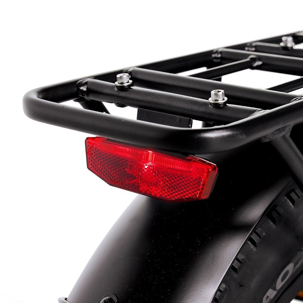 Rückansicht eines schwarzen Elektrofahrrads. Gepäckträger, rotes Rücklicht und Kotflügel sichtbar. Schwarze Reifen.