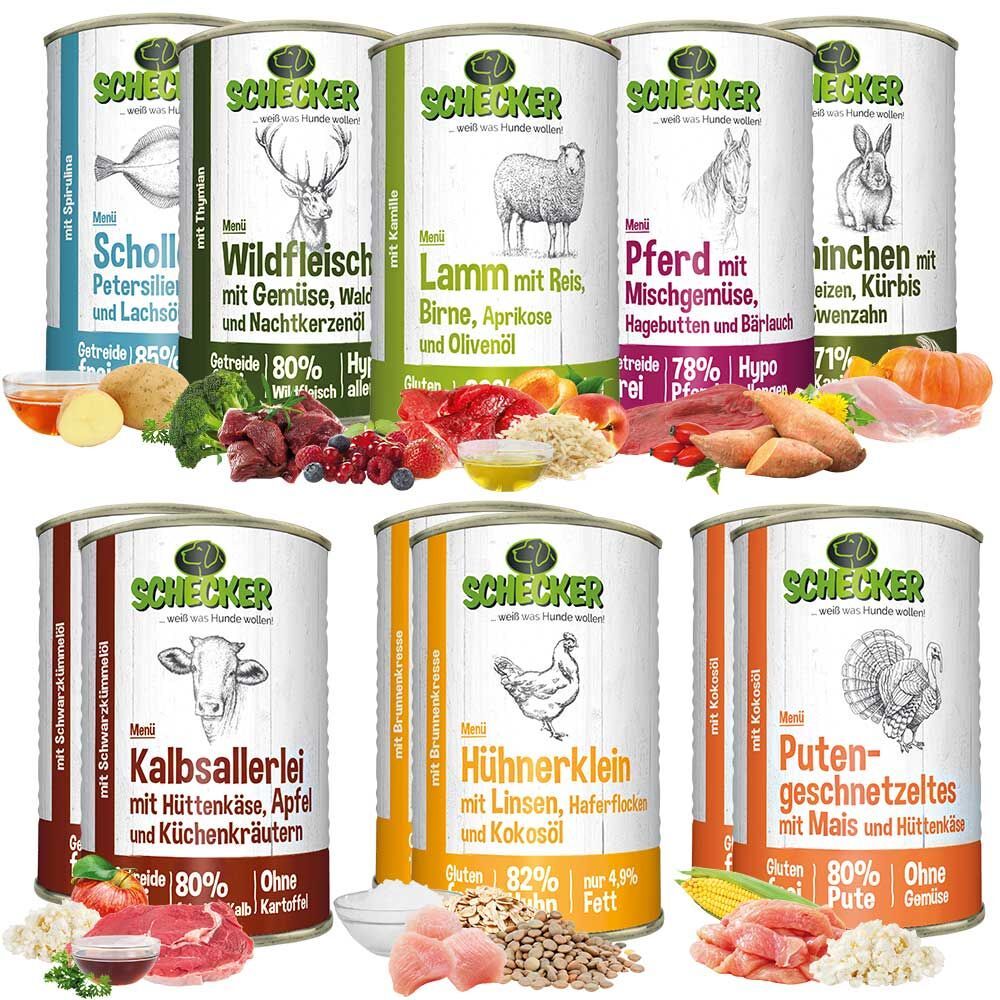 Mehrere Dosen Hundefutter. Jede Dose zeigt ein Tier und Zutaten. Text: Schecker, Menü, Getreide frei.