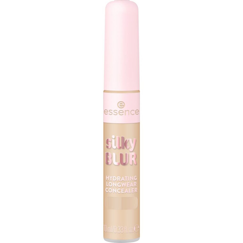 Beige Concealer-Tube mit rosa Deckel. Aufschrift: Silky Blur, Hydrating Longwear Concealer. Marke: Essence.