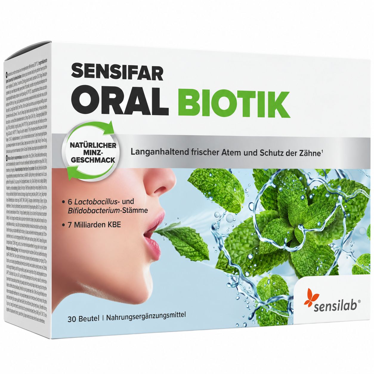 Sensifar Oral Biotic Packung mit 30 Beuteln, Minzgeschmack, für frischen Atem und Zahnschutz.