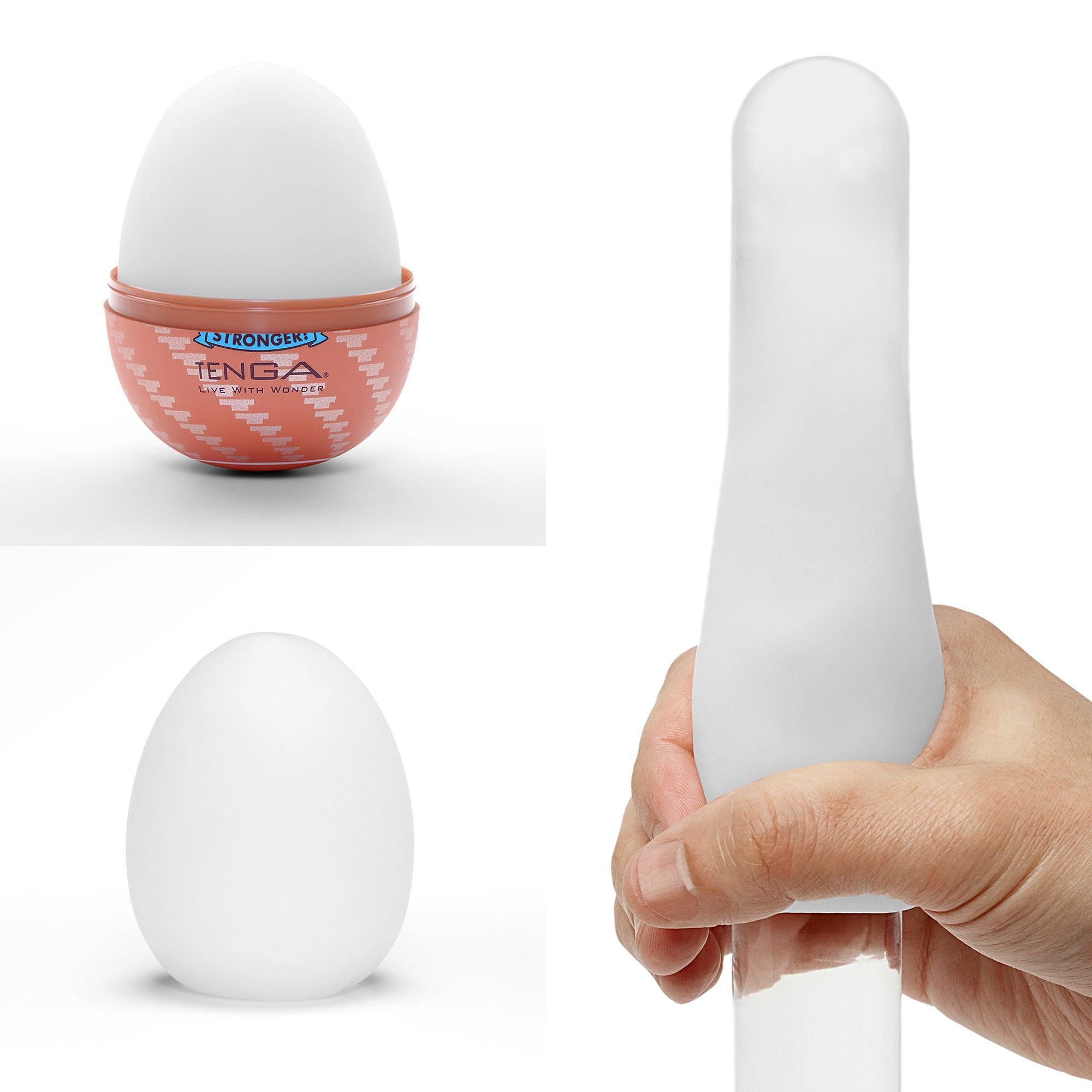 Drei Ansichten des Produkts. Ein Ei in einer Schale, ein Ei ohne Schale und ein längliches Produkt in einer Hand.