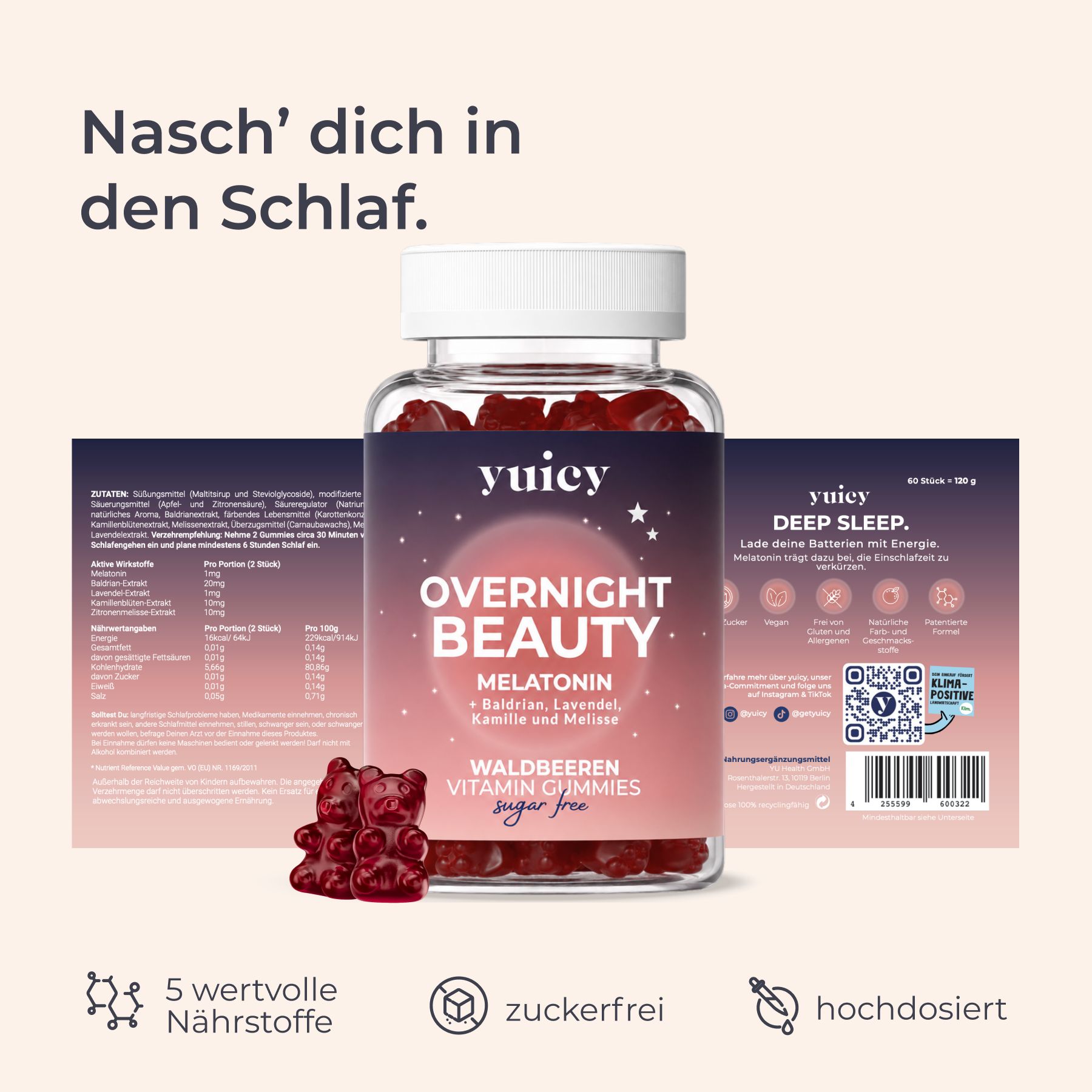 Ein Glas yuicy® Overnight Beauty Gummies mit zwei Gummibärchen. Text: Melatonin, Waldbeeren, Zuckerfrei. 5 Nährstoffe, zuckerfrei, hochdosiert.