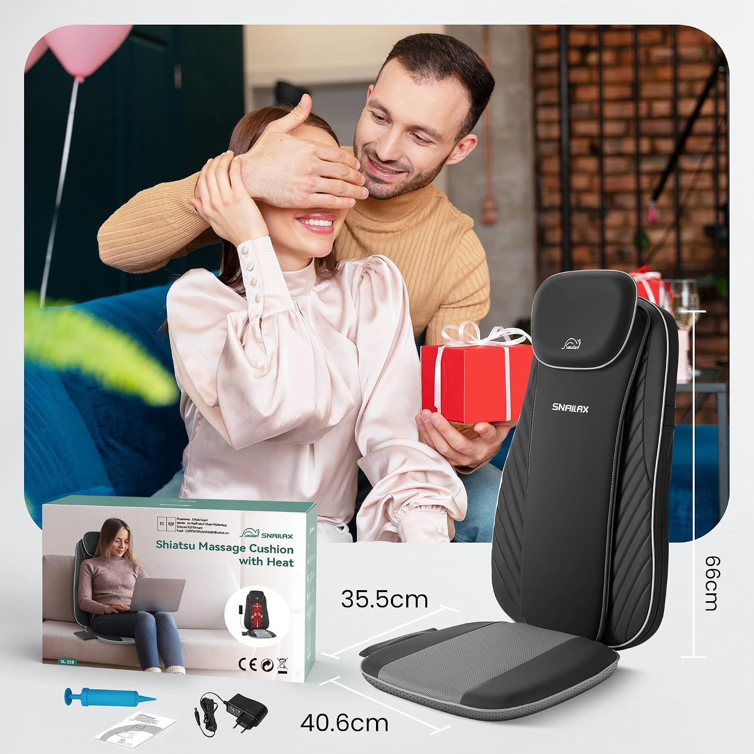 Shiatsu Massagekissen mit Heizfunktion, inklusive Fernbedienung und Zubehör.