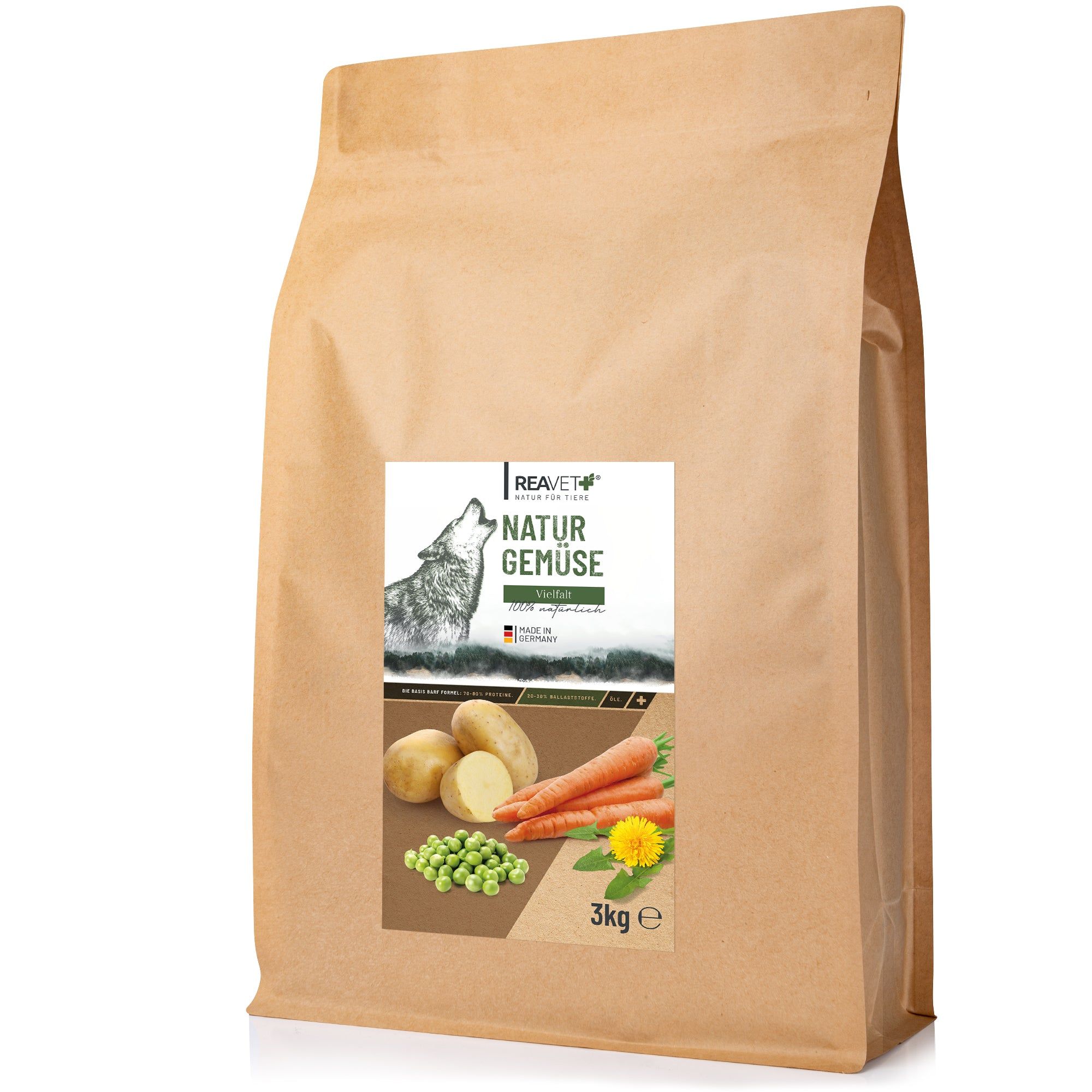 ReaVET Natur Gemüse Vielfalt Hundefutter, 3kg Beutel mit Kartoffeln, Karotten und Erbsen.