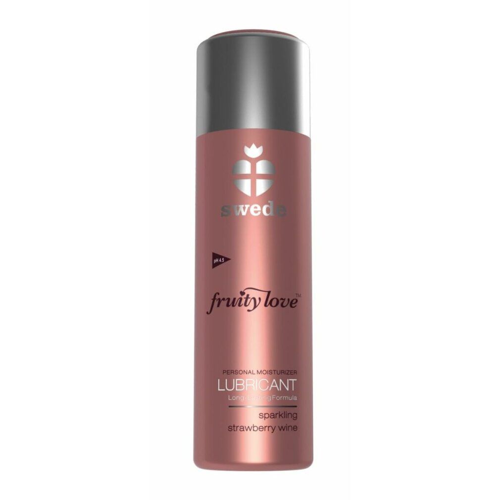 Rosa Flasche mit silbernem Deckel. Aufschrift: swede, fruity love, Lubricant.