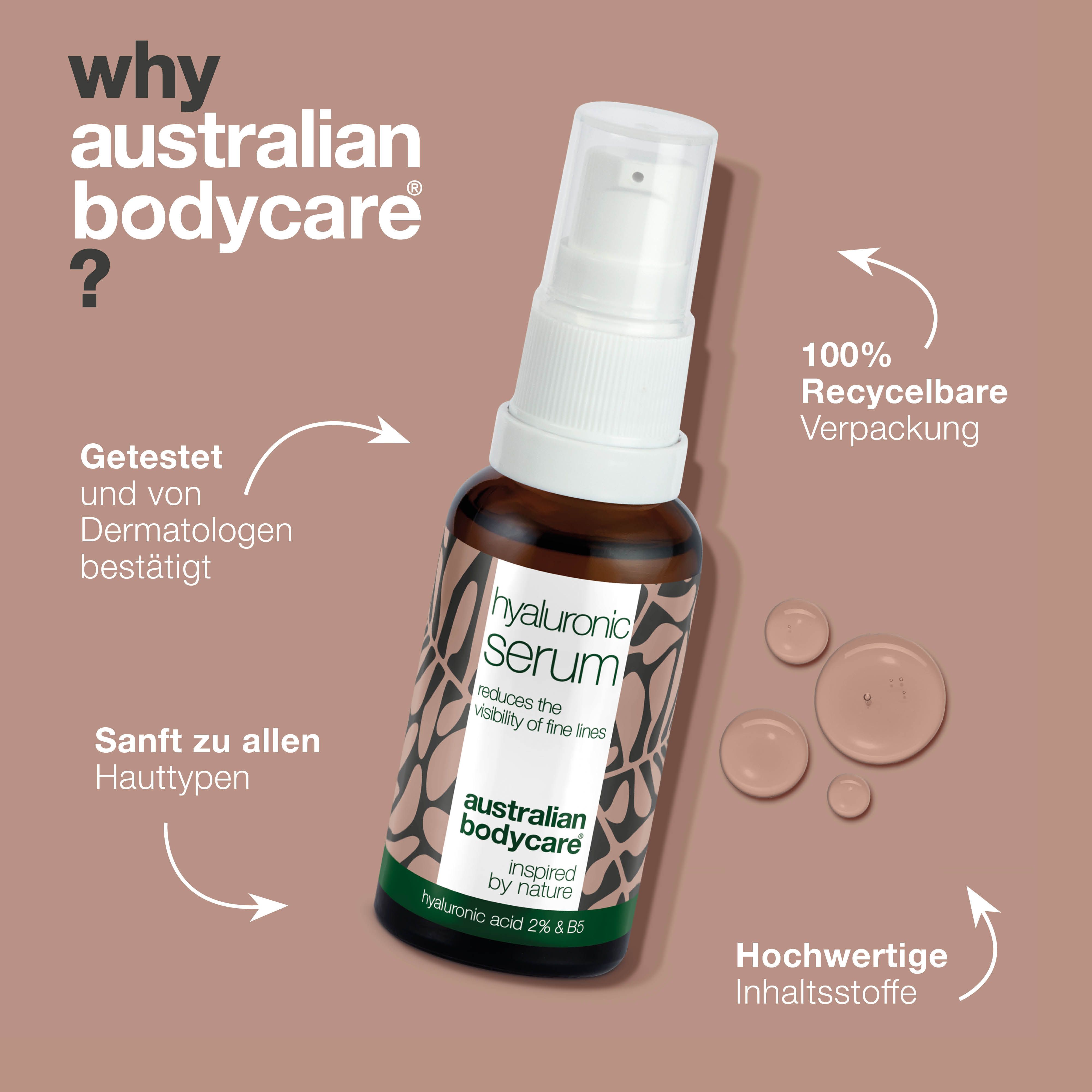 Braune Flasche mit weißem Pumpkopf. Aufschrift: Hyaluronic Serum, australian bodycare.