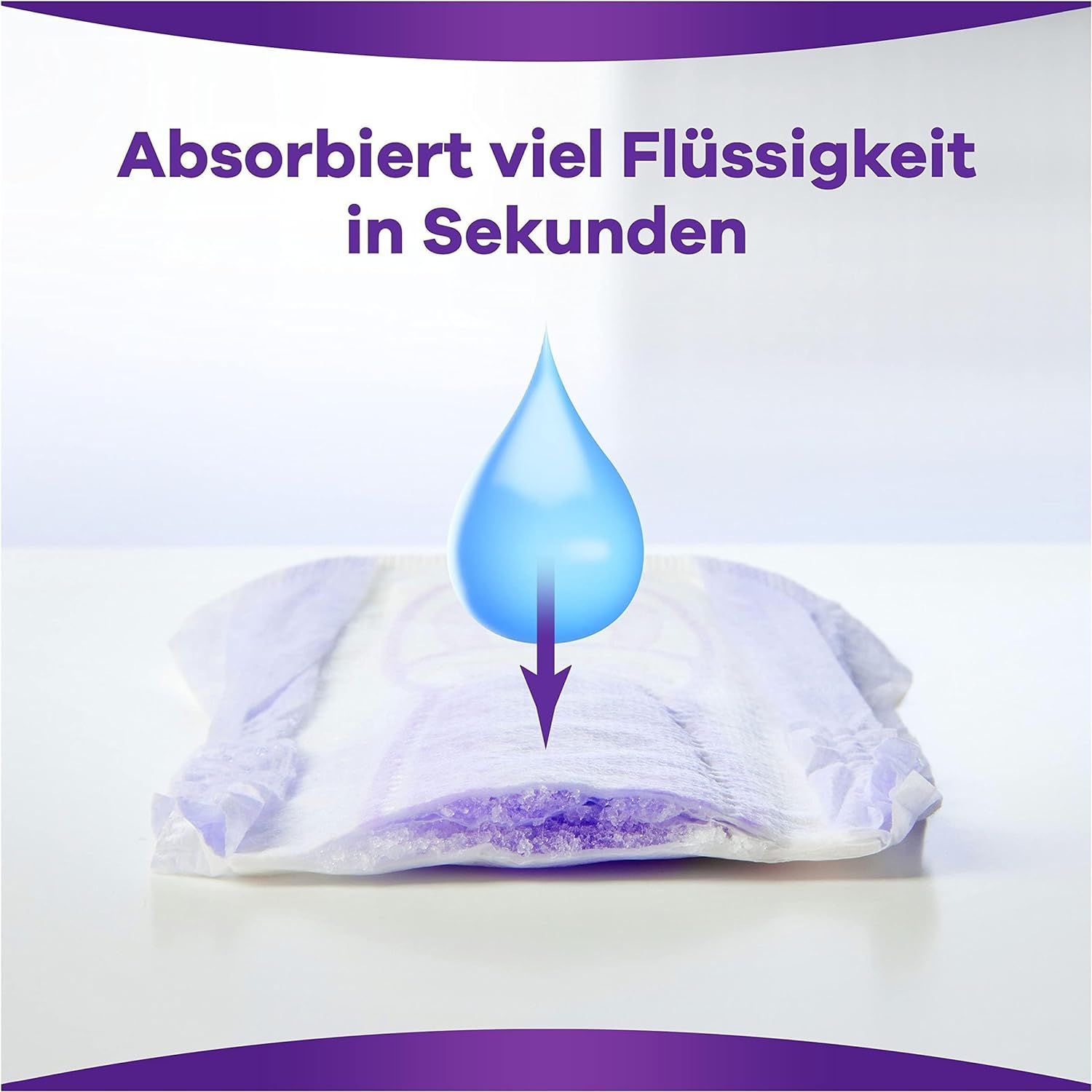 Inkontinenzeinlage mit Tropfen. Text: Absorbiert viel Flüssigkeit in Sekunden.