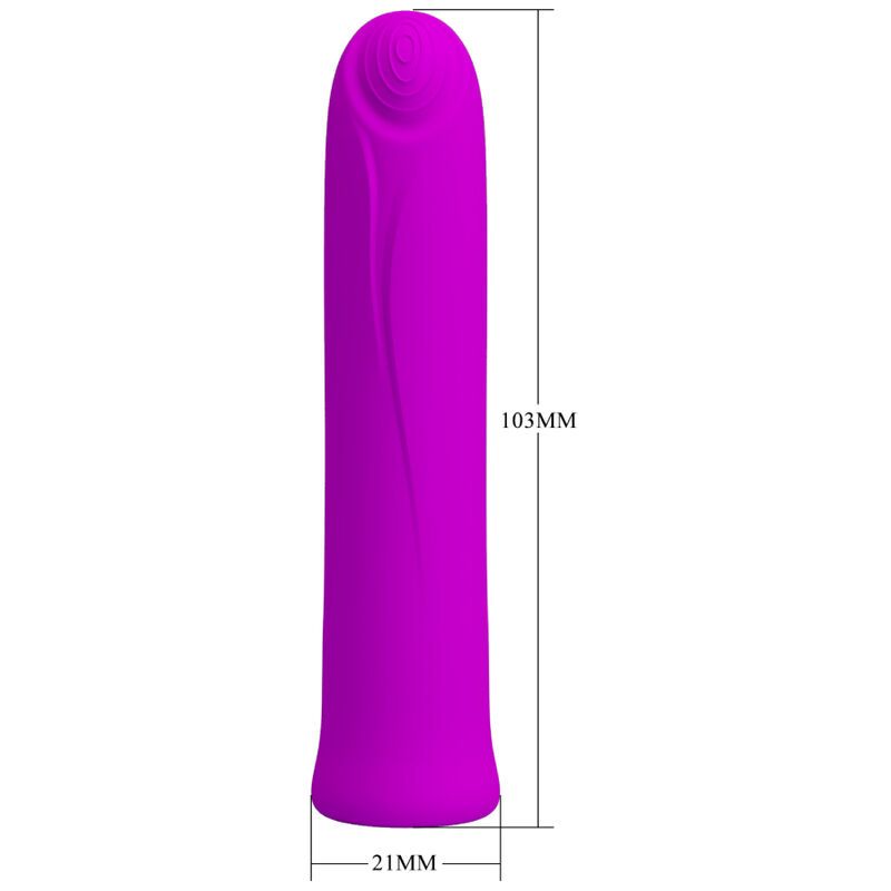 Lila Vibrator mit Maßen: 103mm Länge, 21mm Breite. Gerader Körper, gerundete Spitze.