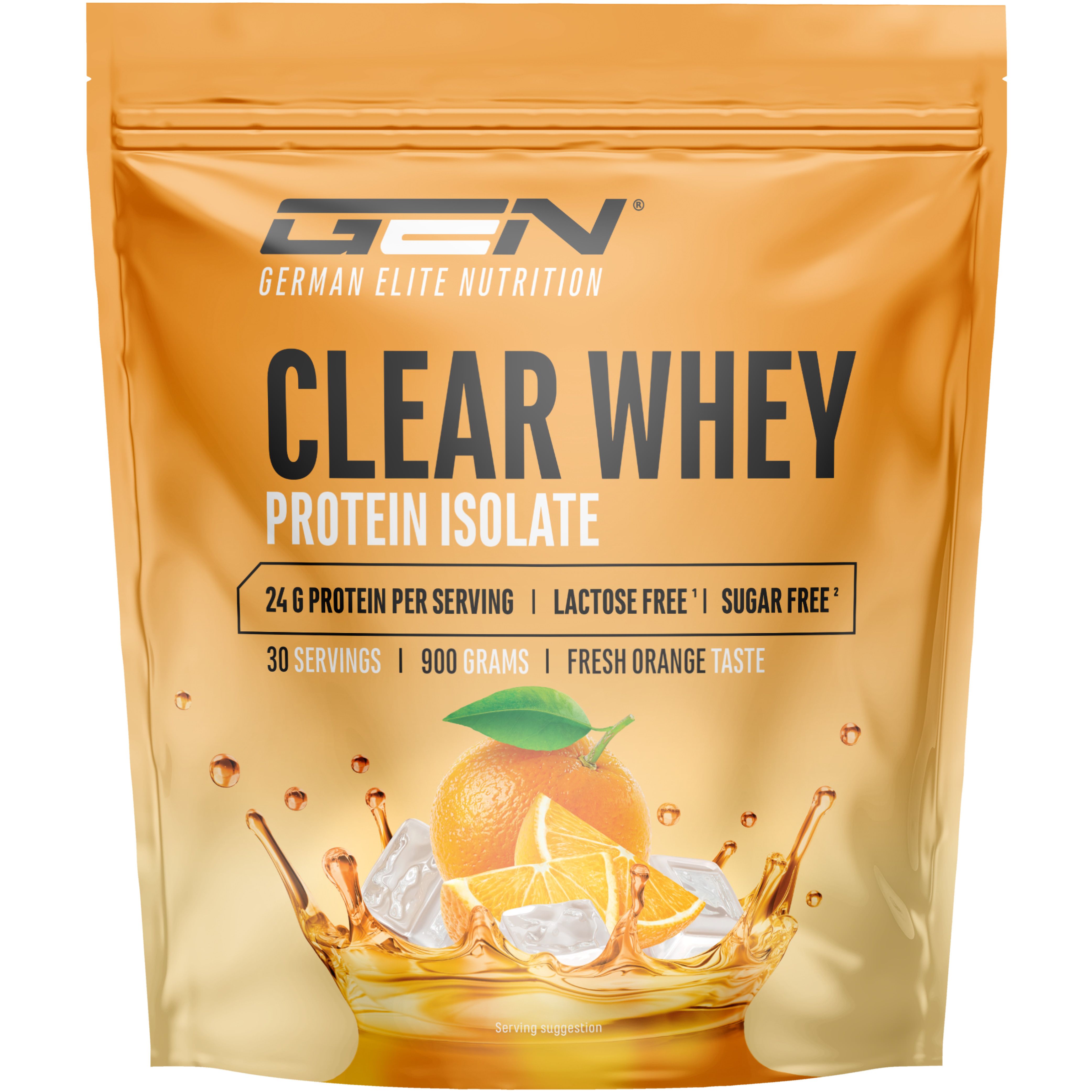 Beutel mit GEN Clear Whey Protein Isolat. Orangefarbenes Design, Produktname, Nährwertangaben, und Illustration von Orangen und Eiswürfeln.